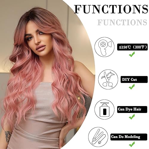 Miniatura 3 de Doremiy Pelucas largas onduladas de color negro y rosa para mujer, peluca rizada sintética natural resistente al calor, pelucas de fibra para uso