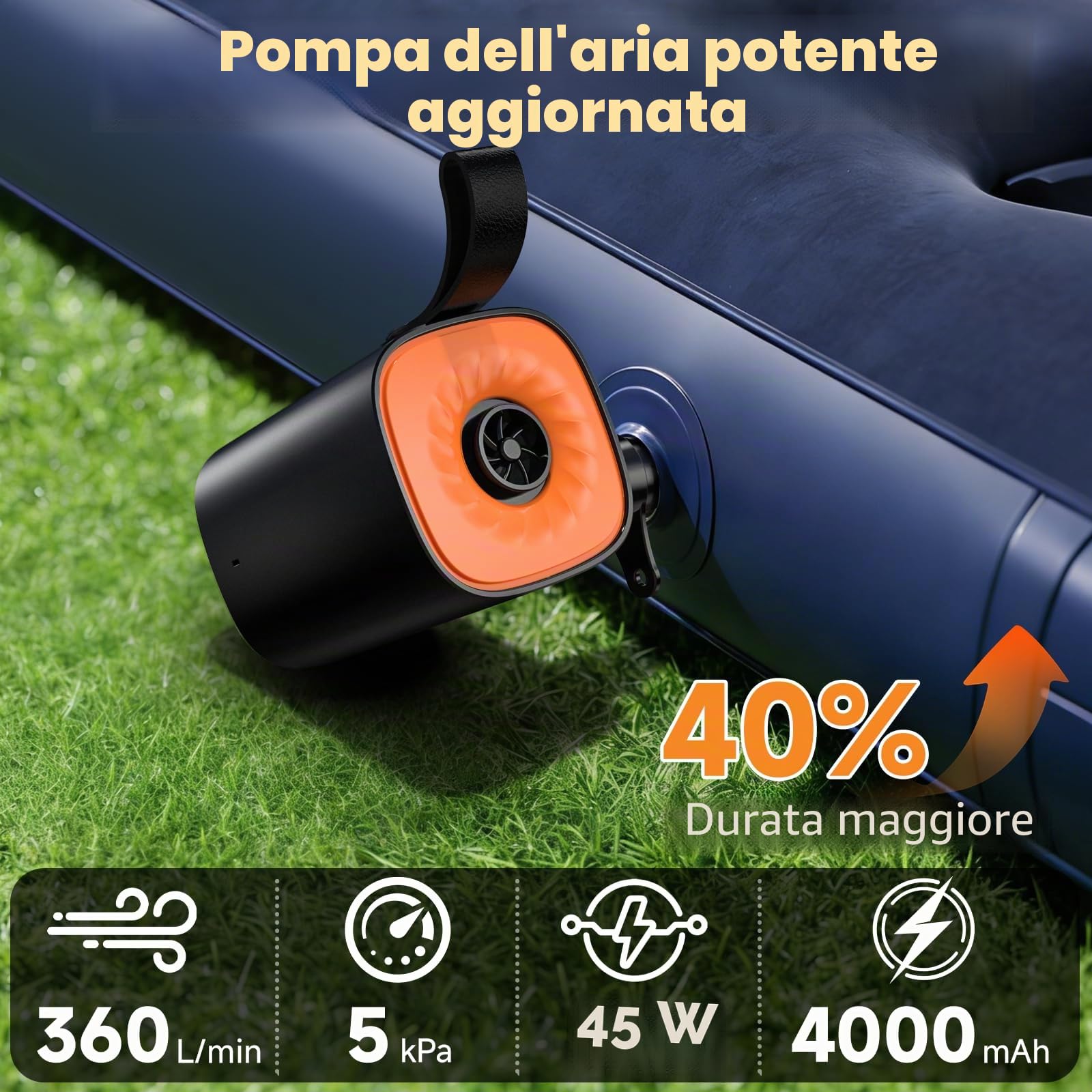 Gonfiatore Elettrico Portatile, 4000mAh Pompa Elettrica con 4 Ugelli/Luce Campeggio/Gancio Adatto per Materasso Gonfiabile,Divano Gonfiabile,Materassino Campeggio,Piscina