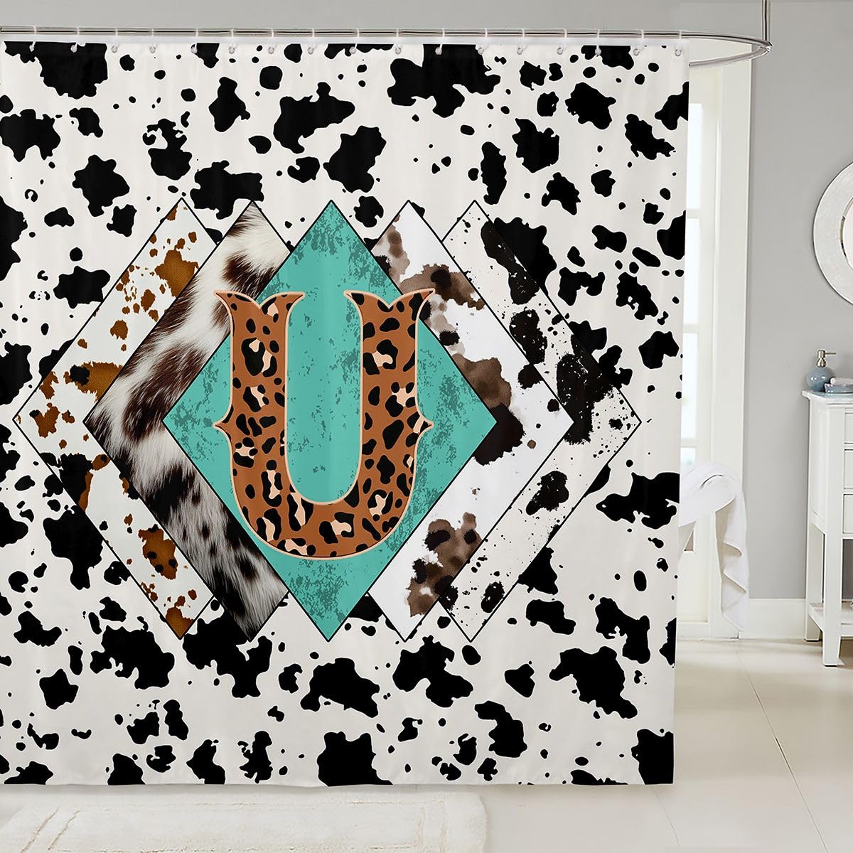 Rideau de douche lettre U taille L léopard monogramme alphabet imprimé cuir de vache rideau de bain pour adultes style rustique rustique rideaux de bain imperméables avec 12 crochets pour baignoire
