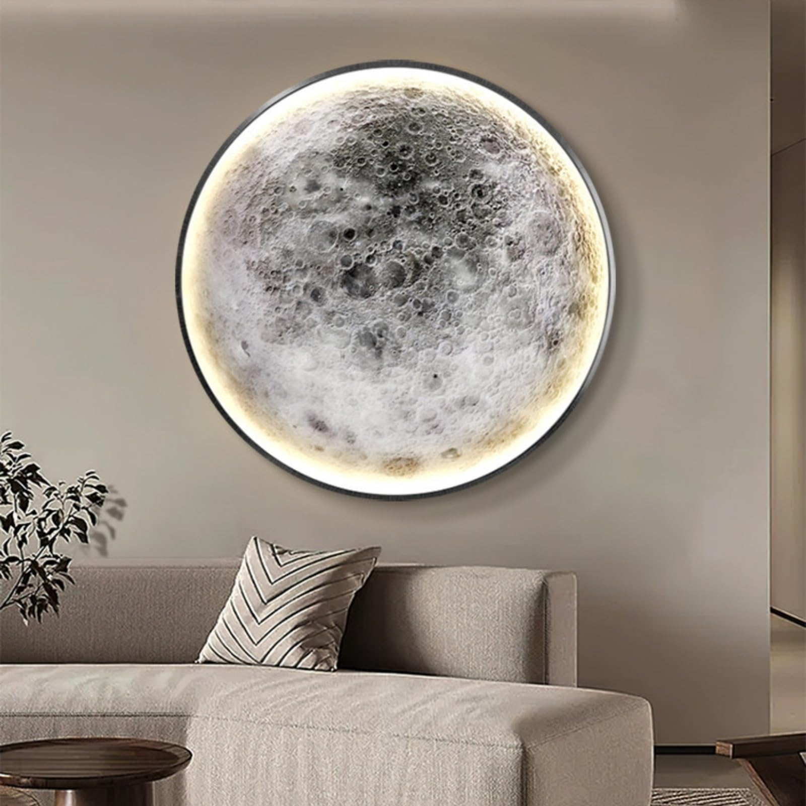 Cuadro decorativo de pared 3D Luna de 80 cm, lámpara LED redonda con marco