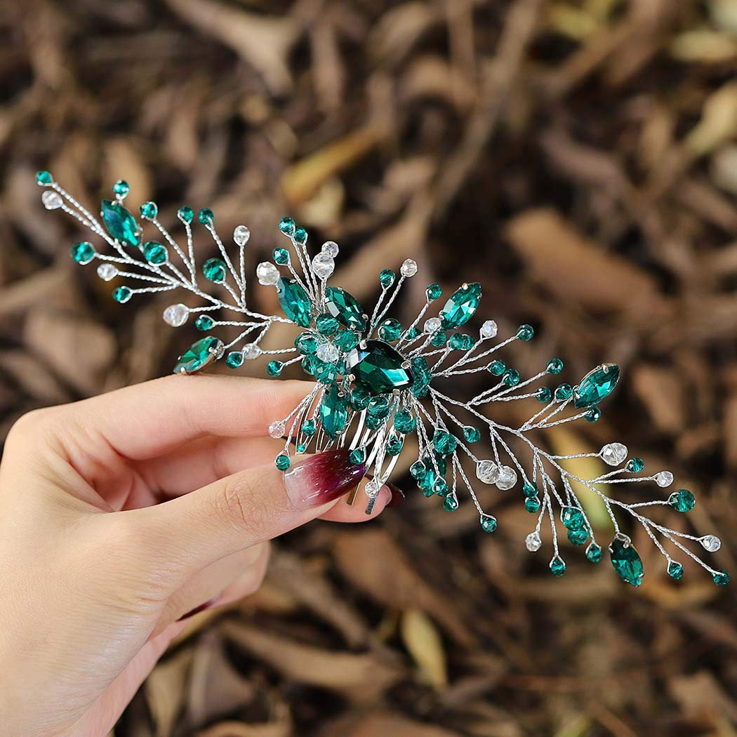 IYOU Diadema de princesa con cristales verdes, peineta para novia, accesorios para el pelo para bodas, para mujeres y niñas (plateado)
