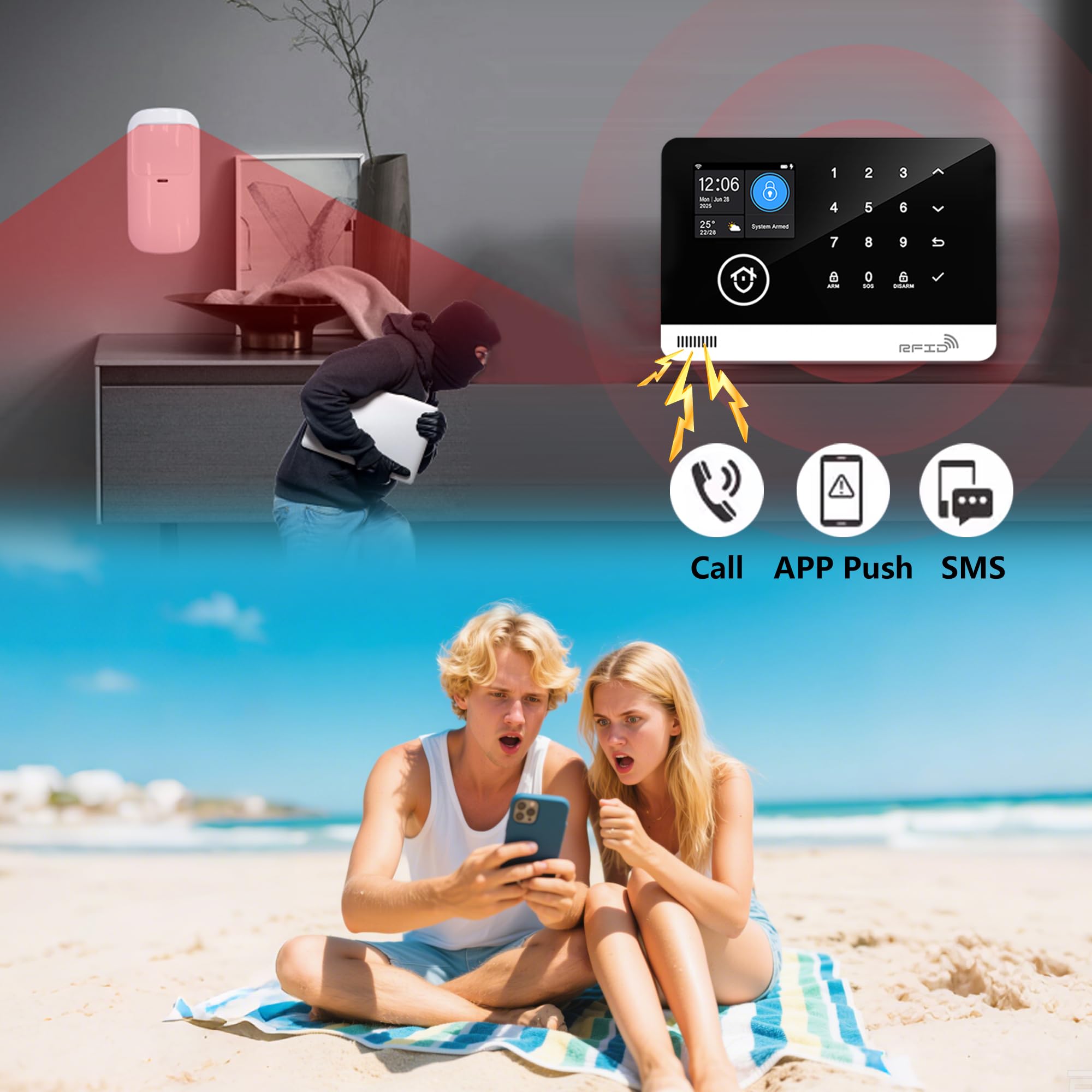 Sistema di Sicurezza Domestico, Sistema di Allarme Casa Senza Fili WIFI/GSM SMS con Rilevatore di Movimento, Sirena di Allarme da 120dB, Telecomando Intelligente, Compatibile con Alexa(12 Pezzi)