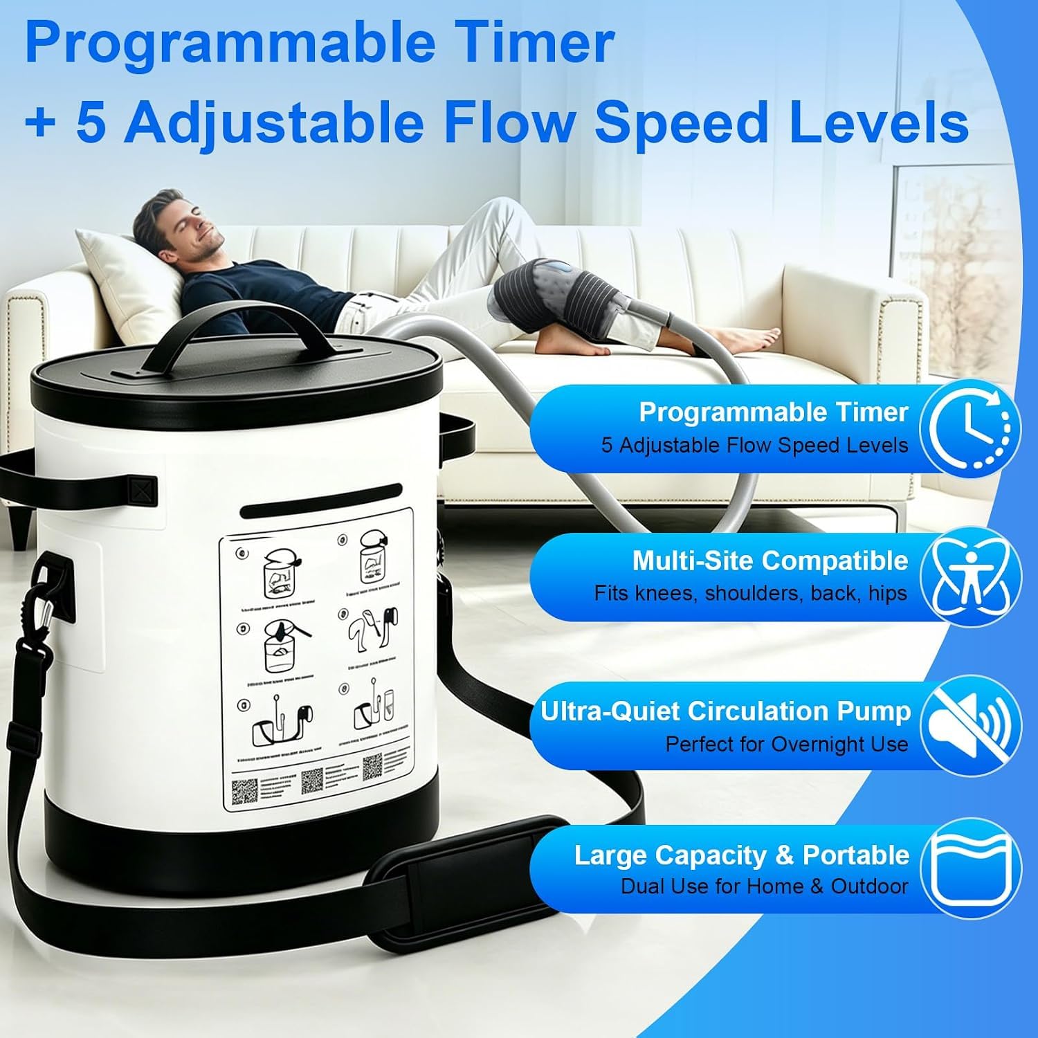 Dispositivo per Crioterapia con Timer, Macchina per il Ghiaccio Portatile Circolazione di Acqua Fredda con Fascia di Compressione, per Recupero & Riduzione del Gonfiore