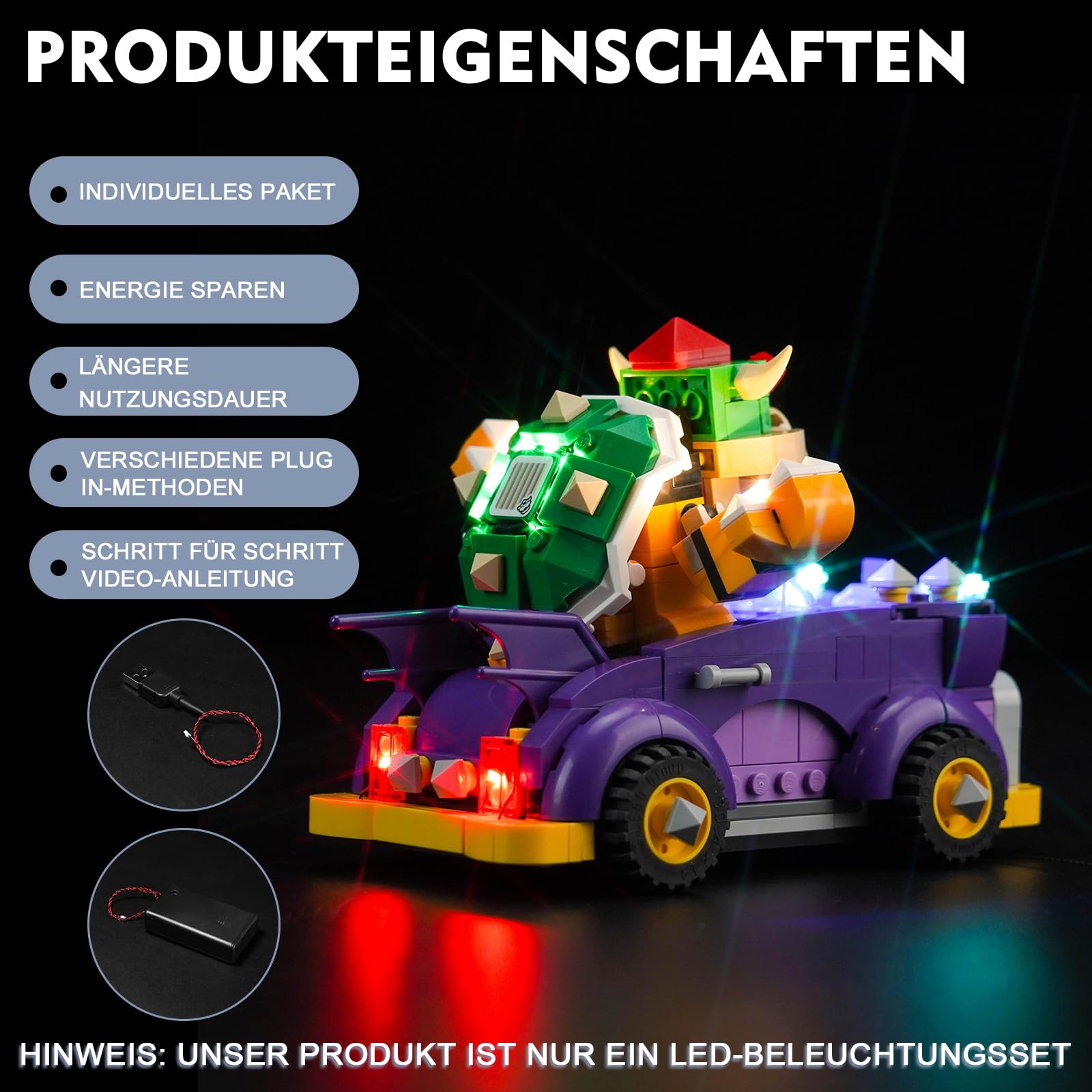 Juego de luces LED para Lego Super Mario Camión Monstruo de Bowser - Set de expansión (sin Lego), Set de iluminación de decoración para Lego 71431 Set de expansión del Coche Músculo de Bowser Juguetes — view 5
