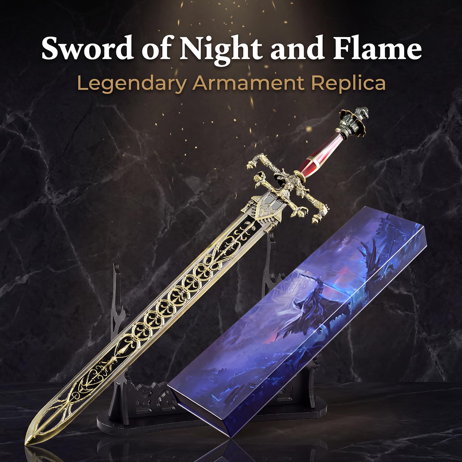 Réplica de la Espada de Noche y Llama, figura RPG de metal con soporte | Aleación de zinc maciza, hoja calada ornamentada, incluye soporte y caja de regalo, modelo decorativo sin filo