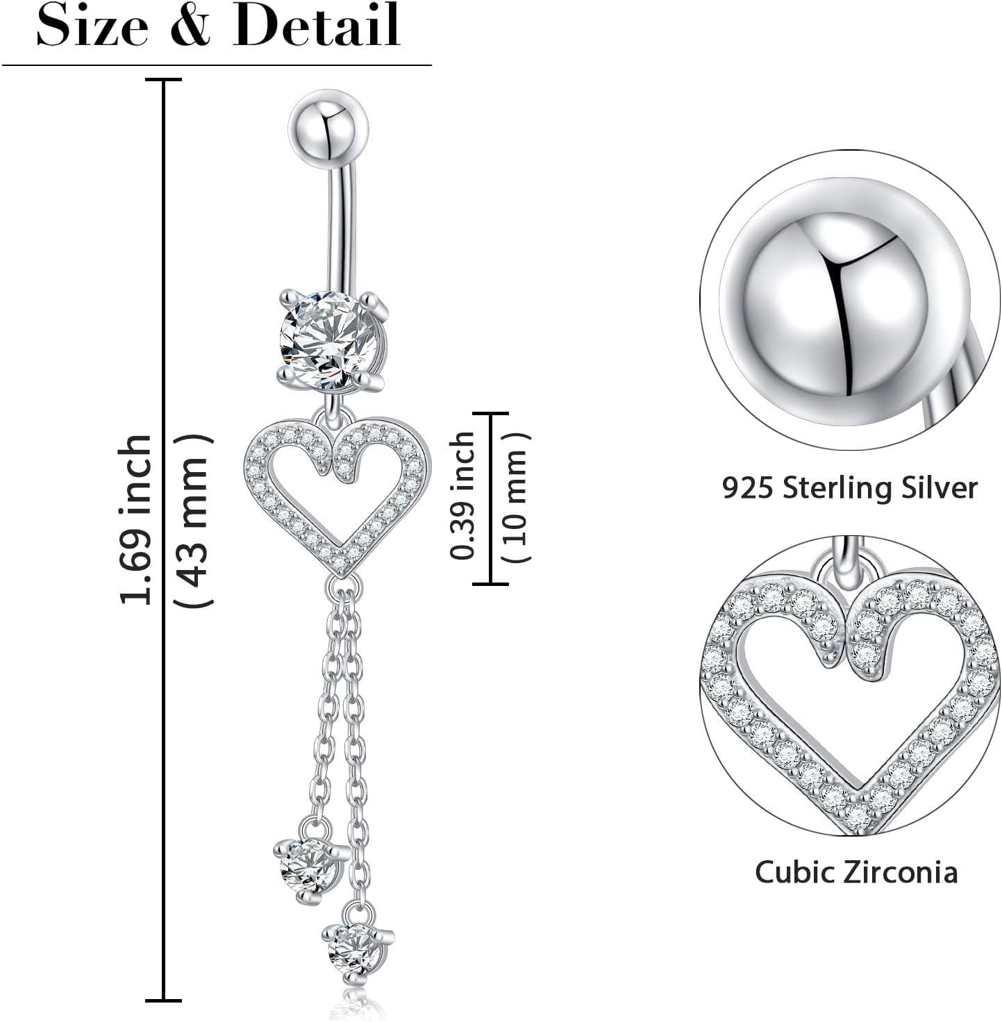 925 Sterling Silver Navel Rings, Dangle Belly Button Ring,Belly Piercing Jewlery, Clear CZ Navel Piercing Jewelry for Women Men - Image 6