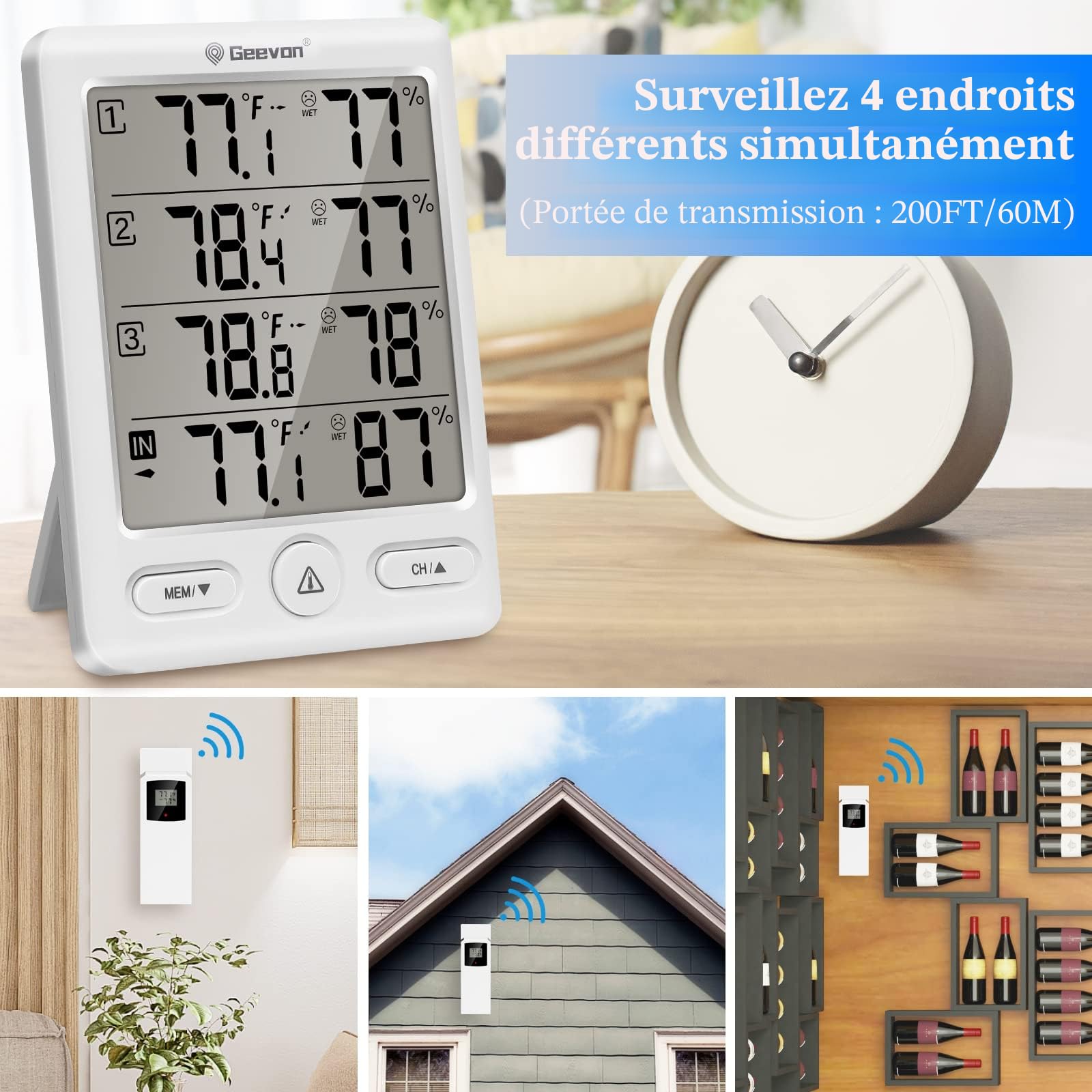 Geevon Thermomètre intérieur extérieur sans fil avec 3 capteurs à distance, hygromètre électronique, jauge de température avec portée de 60m Conditions sans obstruction