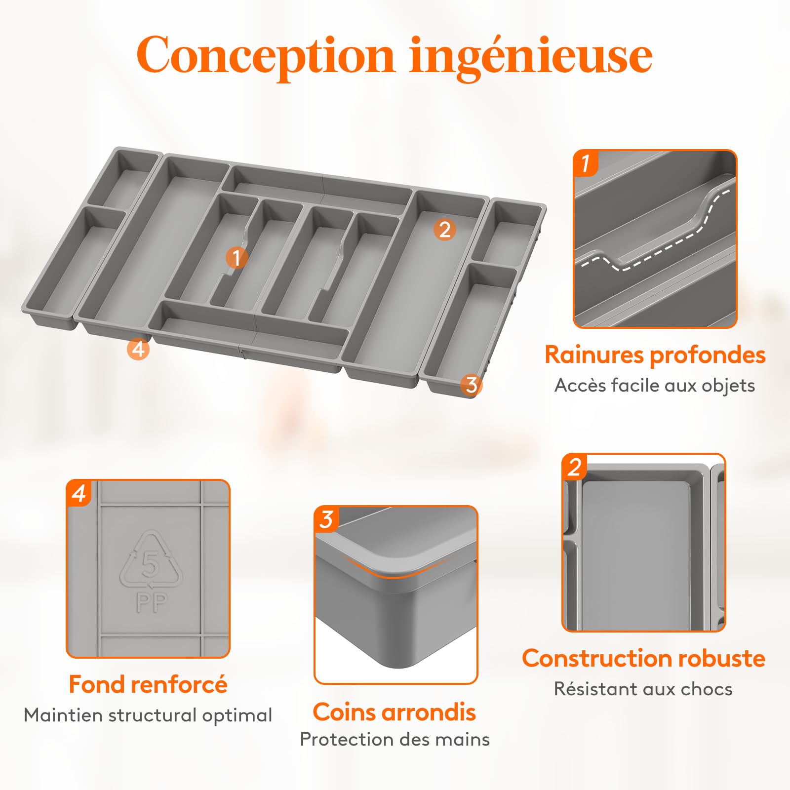 Lifewit Organisateur Couverts Cuisine, 81.6 × 42 cm Rangement Couverts pour Tiroir de 90 cm, Porte-Ustensiles de Cuisine Amovible, Plastique Support Argenterie, Couteaux, Bureau Accessoires, Gris