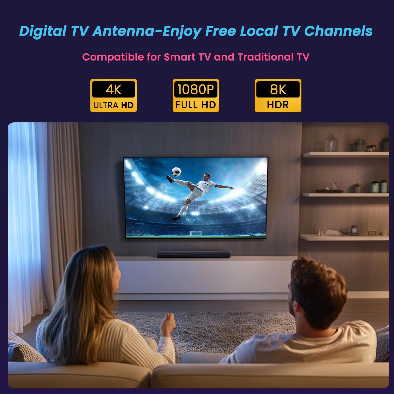 Antena HDTV para exteriores con amplificador para canales locales sobre el aire, antena de TV inteligente de largo alcance compatible con 2 televisores, antena ATSC 3.0 giratoria 360° con control