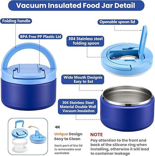Miniatura 5 de Lonchera Bento para niños con termo de sopa de 8 onzas, recipientes de comida a prueba de fugas para niños con 4 compartimentos, tarro térmico