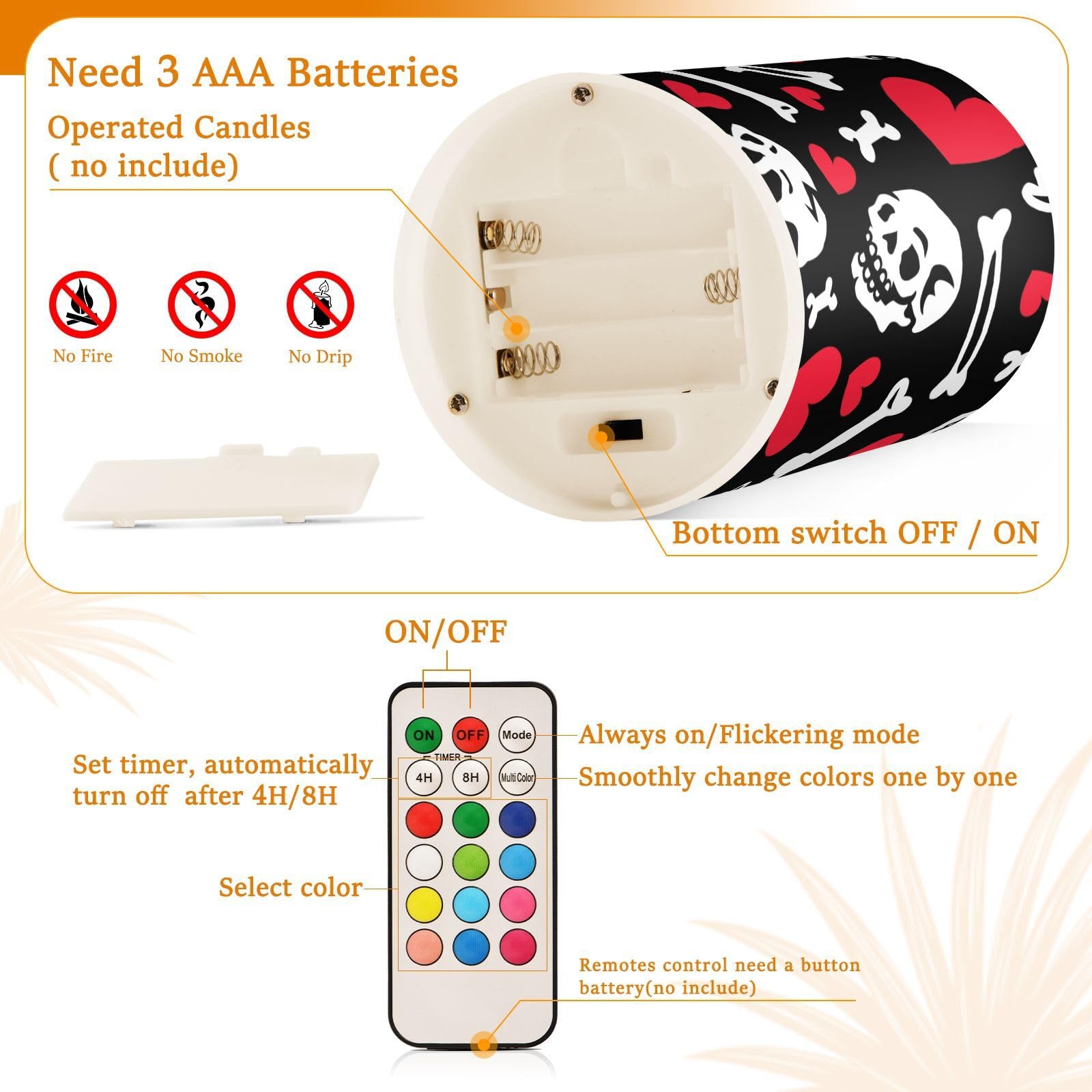 ODAWA Candele a batteria senza fiamma, a forma di teschi, ossa, cuori, candele a batteria, con timer a distanza, per festival, Halloween, decorazioni natalizie