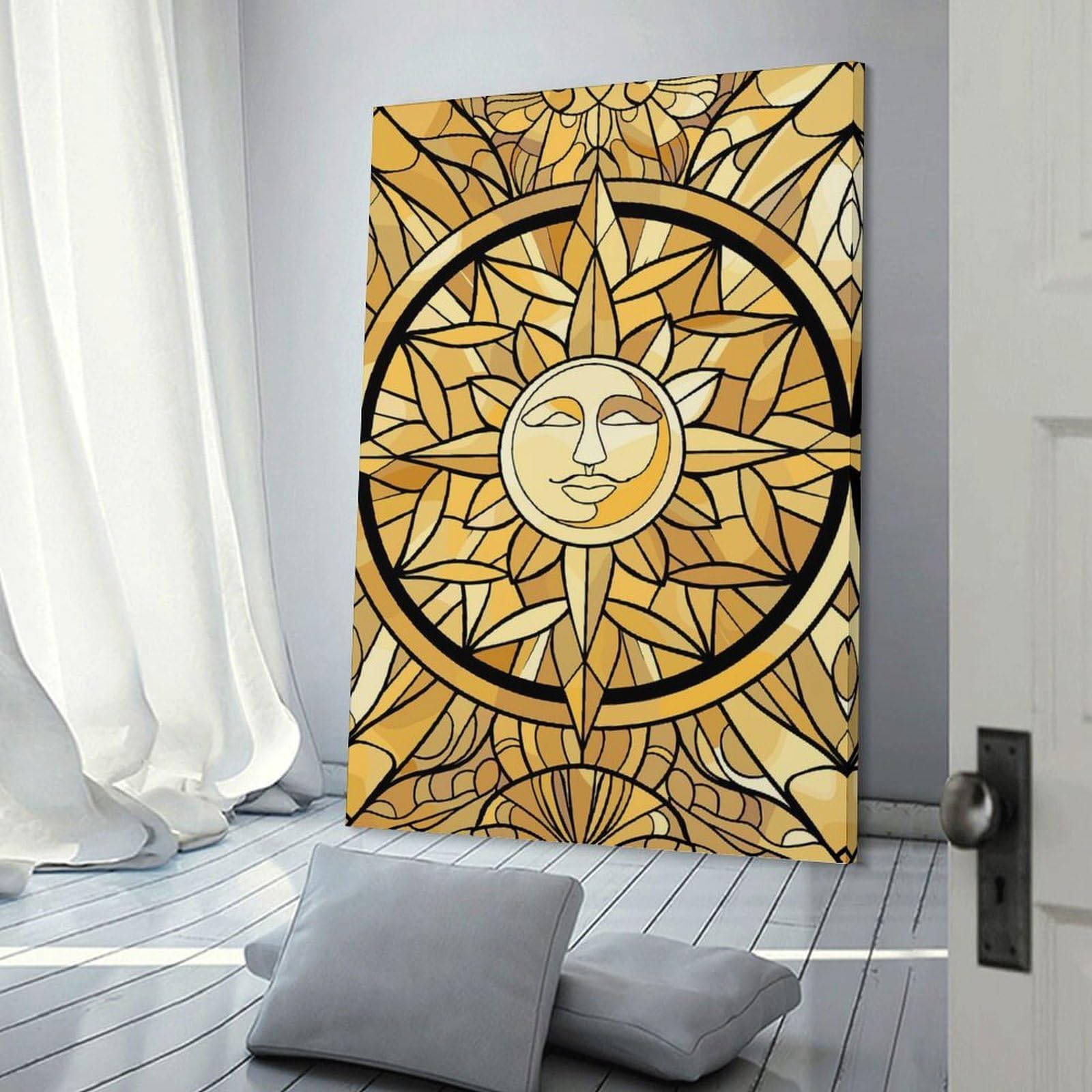 Junmoney Home Decor Wall Art Golden Sun Stained Glass Art, 24x36inch(60x90cm), for Workspace Walls, Study Corners Or Bedrooms, A Smart Decor Choice for Study Walls