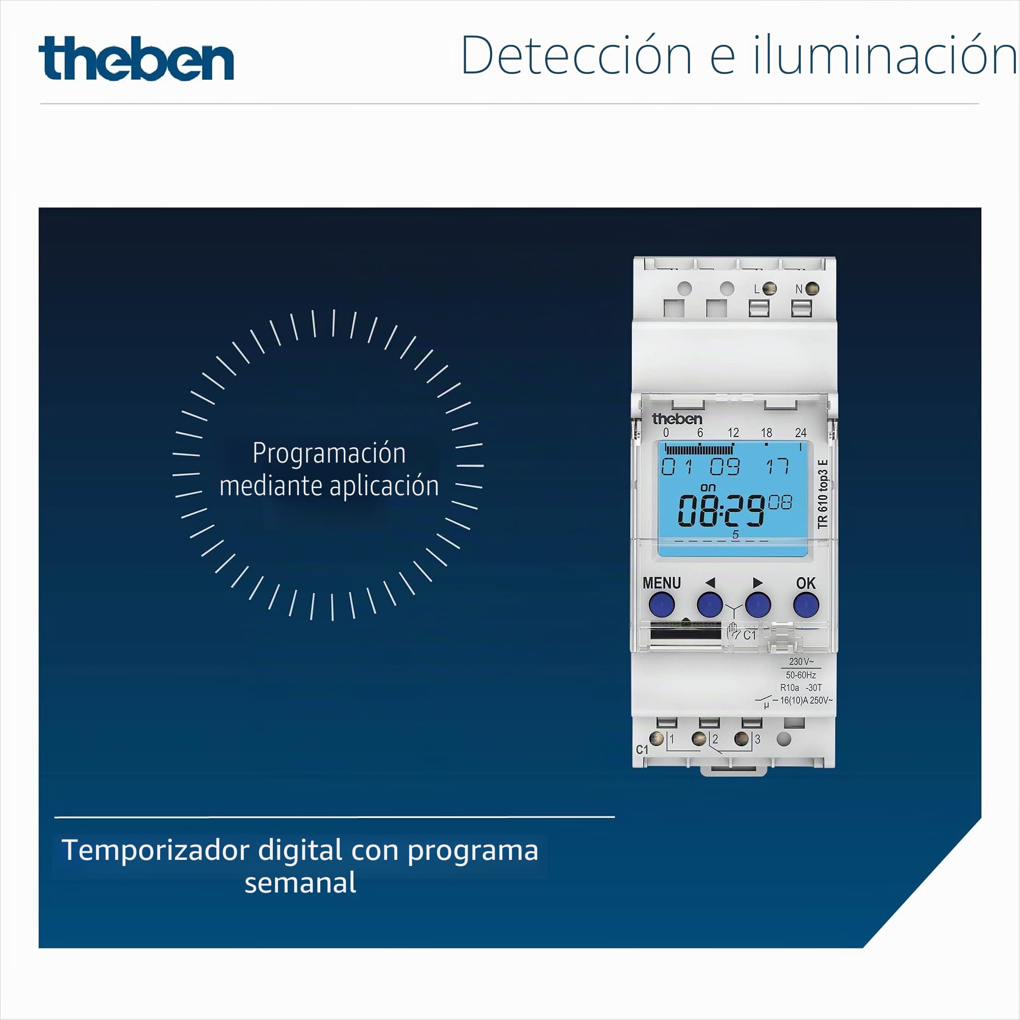 Theben 6100087 TR 610 top3 E interruptor horario digital 1 canal semanal | 600 W LED, 10 años de reserva de marcha, precisión +/- 0,25 s/día, 800 A/200 µs, carril DIN, 56 memorias, App