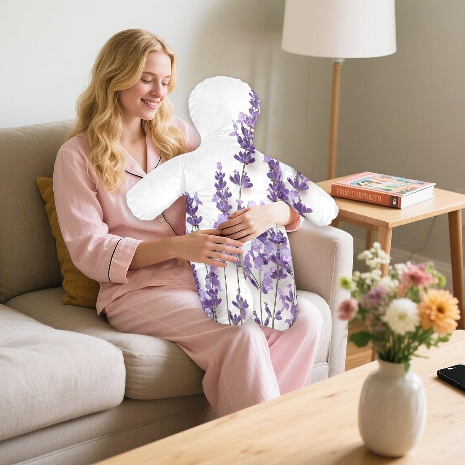 Lavender Flowers Human-Shaped Pillow Soft Body Pillows Washable Velvet Pillows for Anxiety Relief Sleeping Cuddling & Support