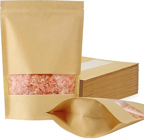 FireKylin 100 bolsas de papel kraft con ventana, bolsas de pie de 6.3 x 8.6 pulgadas, bolsas de almacenamiento de alimentos con cierre de cremallera