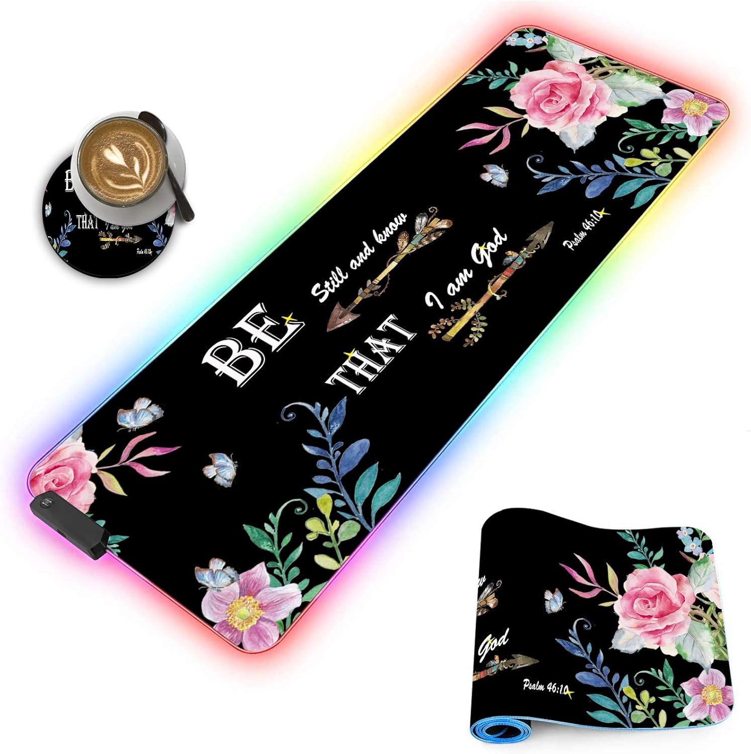 Customized RGB Gaming Mouse Pad and Coffee Coaster,Large Glowing Led Anti-Slip Rubber Base Computer Keyboard Desk Mouse Mat 31.4x11.8 Inch,Bible Verse Psalm 46-10 Flower