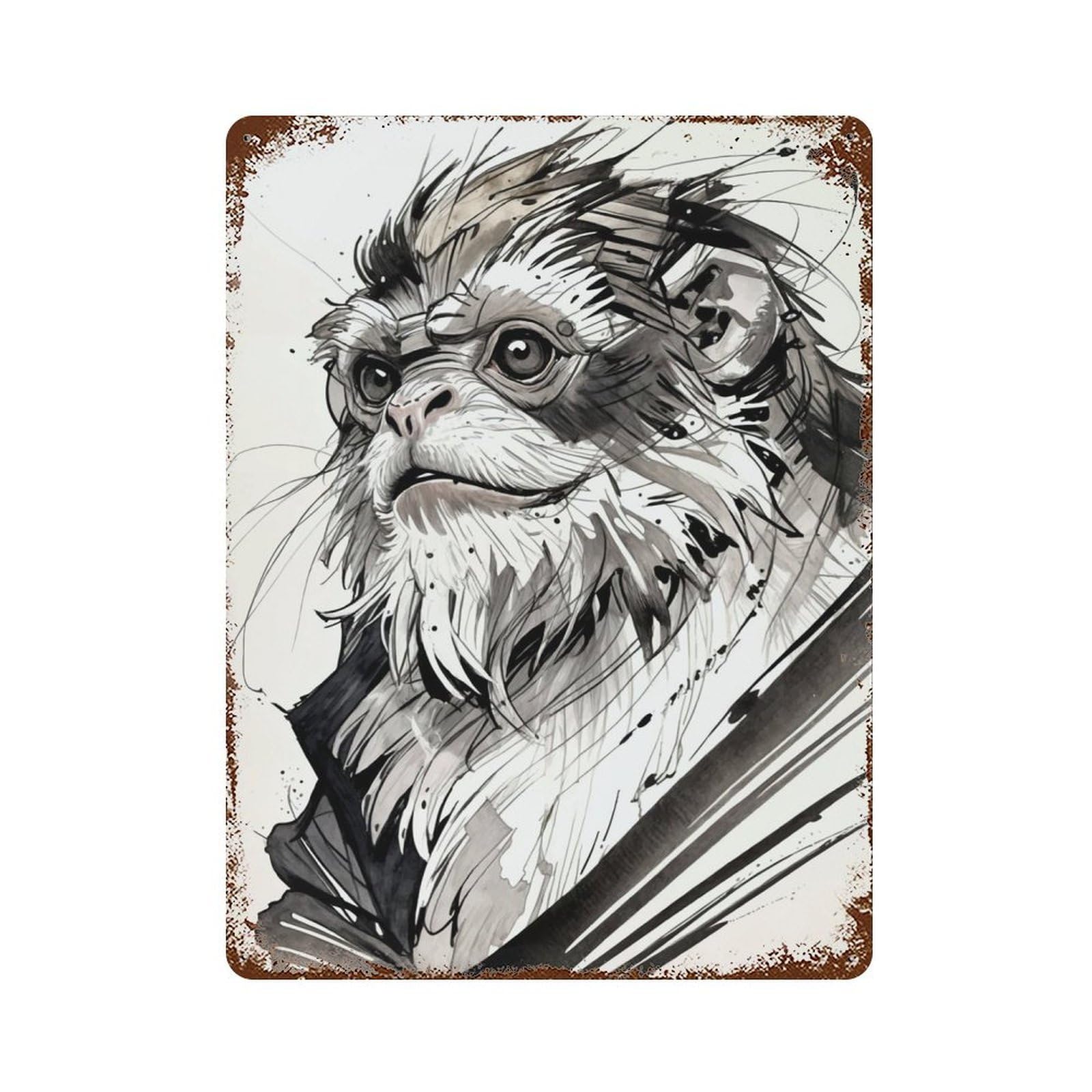 Garage Style Monkey Portrait in Ink Vintage Rust Metal Sign 15.7"x11.8", Rustic Home Decor for Bar And Workshop