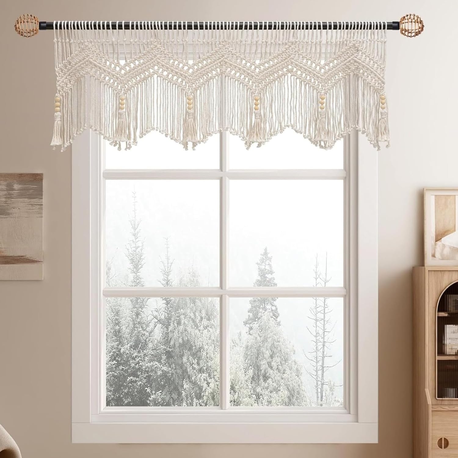 Macrame Curtains for Windows, 52x21 Inch Cotton Rope Woven Macrame Valance, Wall Hanging Short Boho Valance for Kitchen Bedroom Bathroom Living Room Balcony Door &&