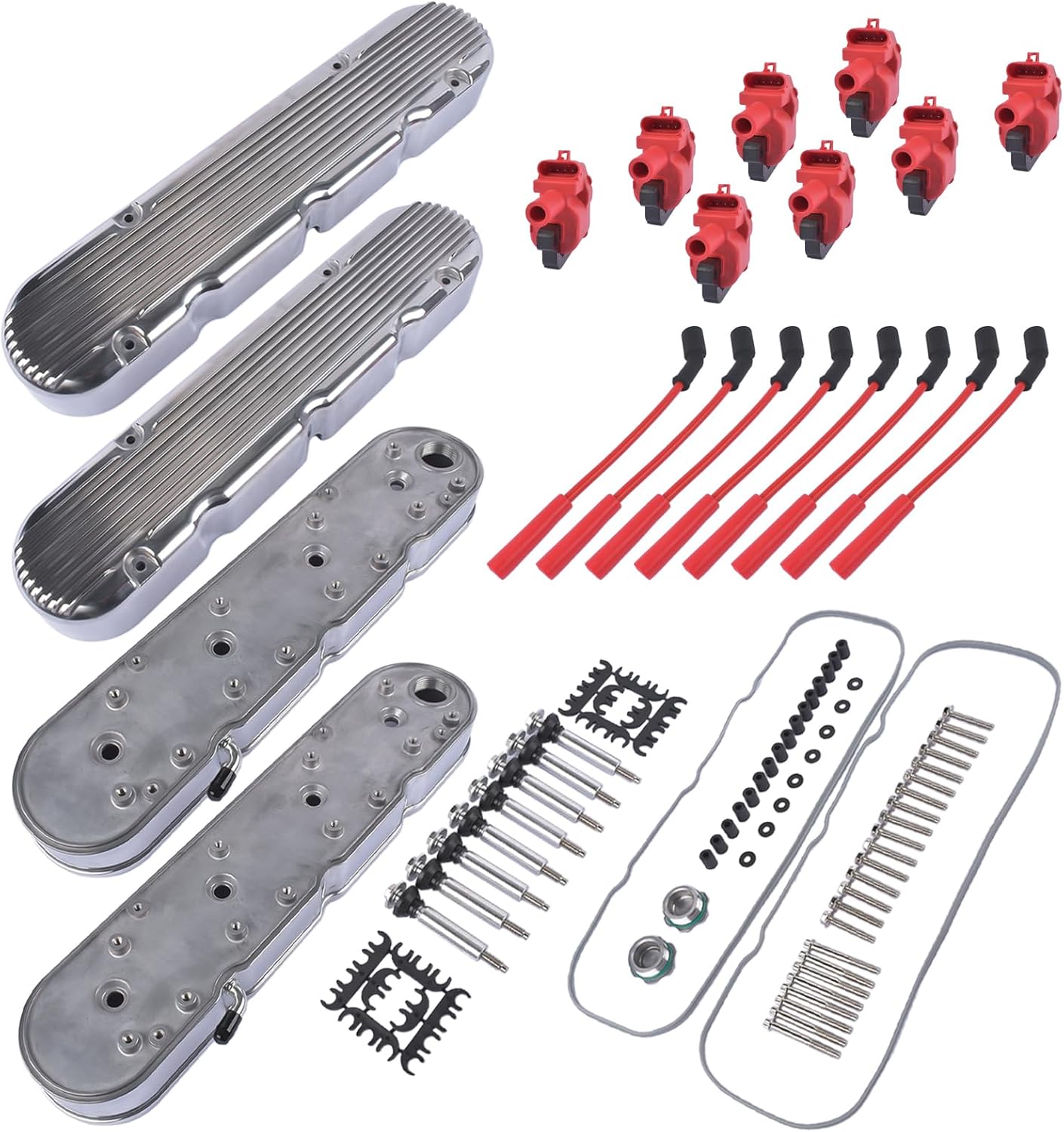 Finned Vintage Hidden Coil Aluminum Valve Cover Polished Replacement for Chevy LS1 LS2 LS3 LS6 LS7 8082-2P