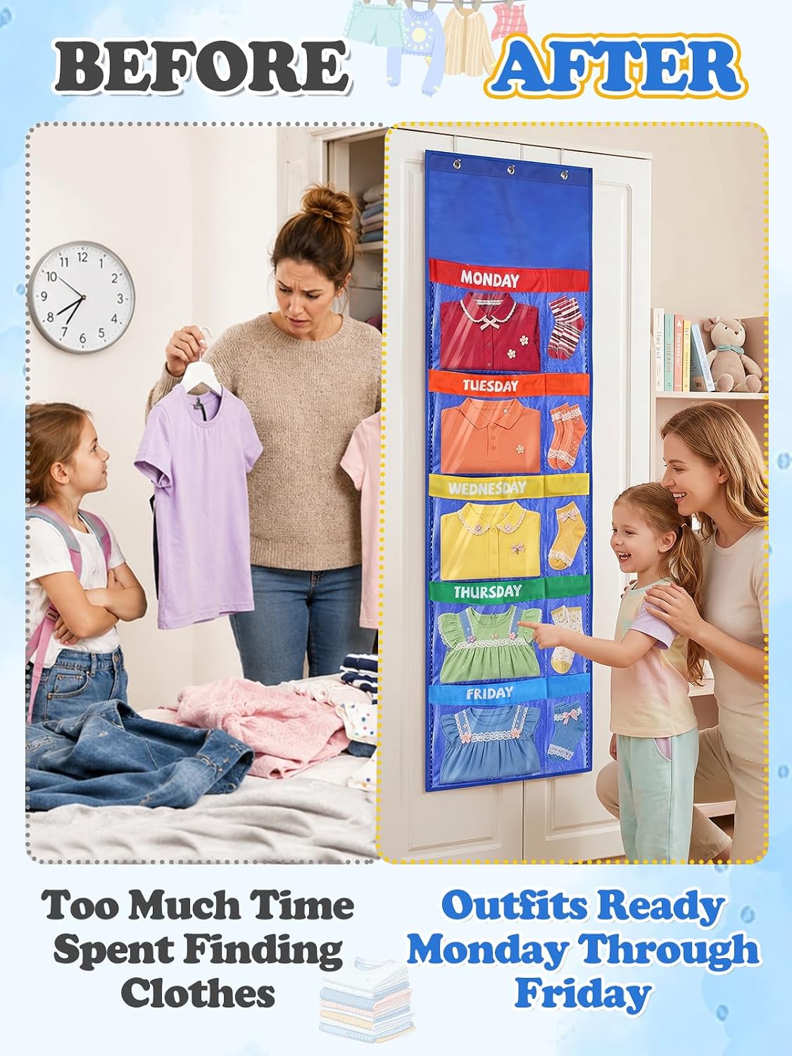 Alphatool 2 Pcs Weekly Clothes Organizer Hanging Closet Storage for Kids | 60" x 18" with Monday to Friday Labels, 10 Clear Pockets, Over Door Storage for School Outfits and Kids Room Organization