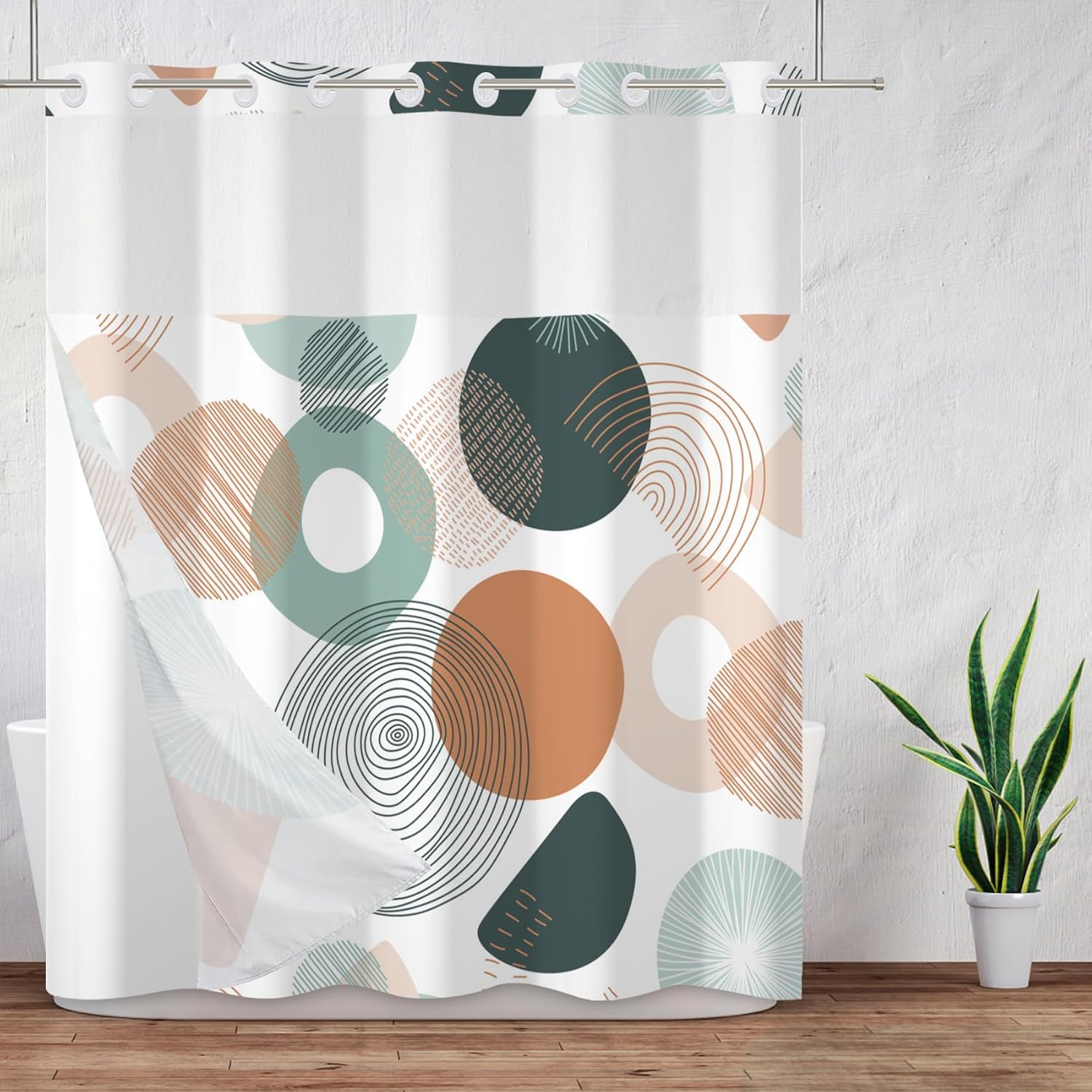 Baocicco No Hook Abstract Circle Shower Curtain with Snap in Fabric Liner Set Green Blue Geometric Striped Hotel Shower Curtain and Liner Set Double Layers & Machine Washable for Easy Clean 71x74 Inch
