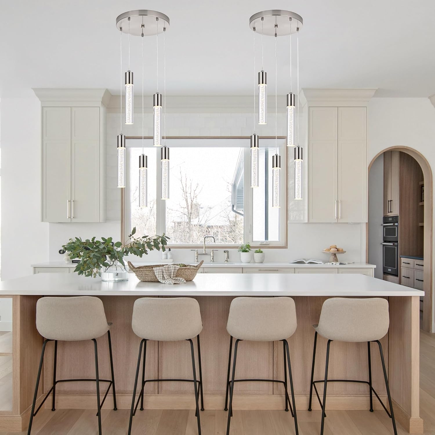 MELUCEE 5 Color Temperature Dimmable LED Pendant Light, 5-Light Multi Cluster Pendant Lighting Mini Bubble Chandelier Brushed Nickel for Dining Room Kitchen Island Stair, 3000K-6000K,Adjustable Height