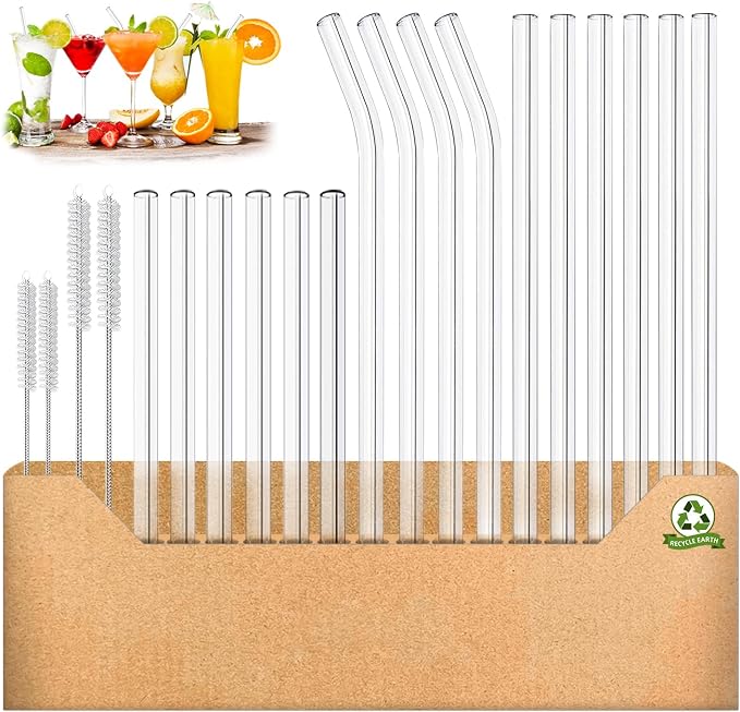 Glass Straws Drinking Reusable 20 Pack,Size 8.5''x10MM, 8.5’’x8MM and 6''x10MM,Glass Straws Shatter Resistant Including 12 Straight and 4 Bent with 4 Brushes, Reusable Glass Straws for Cocktail,Juice