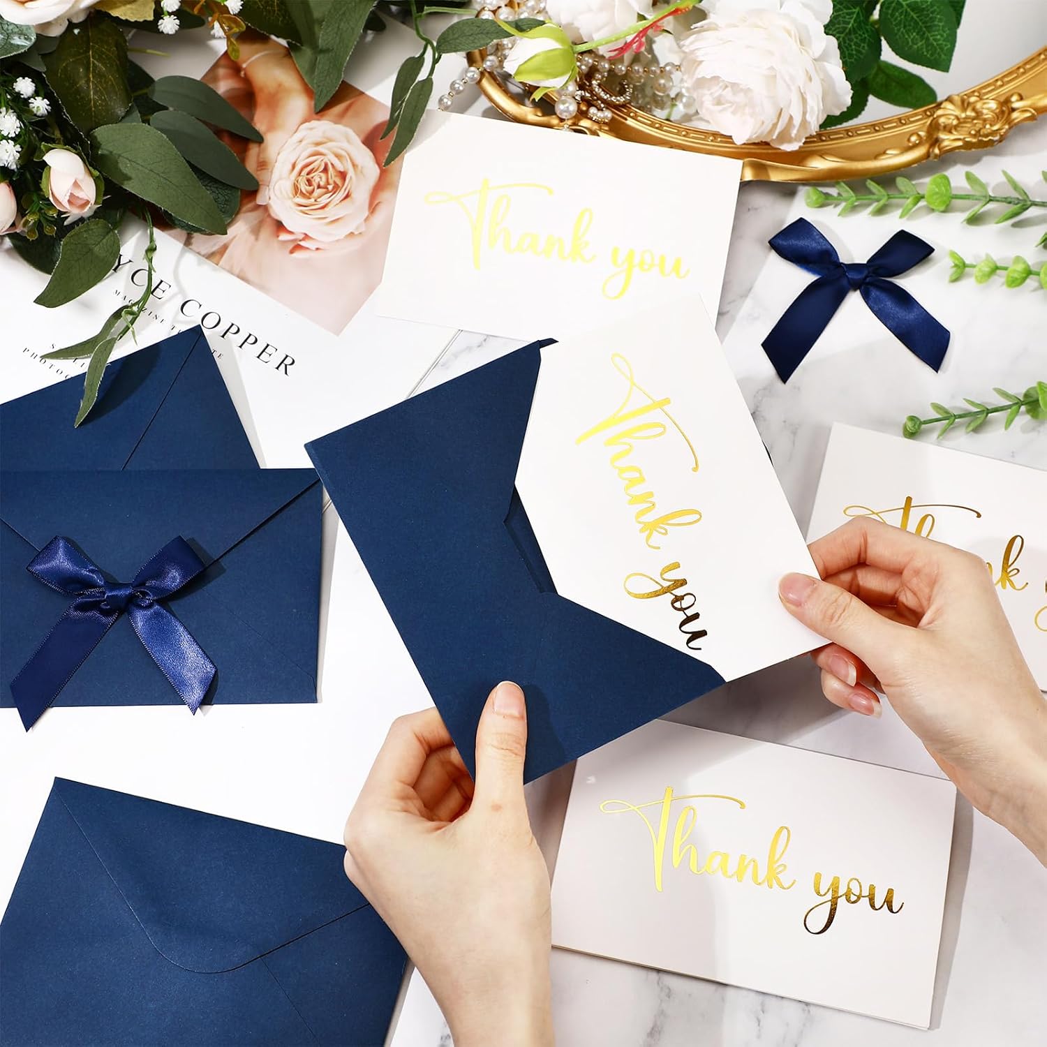 100 Pcs Navy Blue Thank You Cards with Envelopes 4 x 6 Inch Thank You Cards Bulk with Bow Gold Foil Blank Notes for Valentine Day Wedding Festival Bridal Baby Shower Business Birthday Party - Image 5