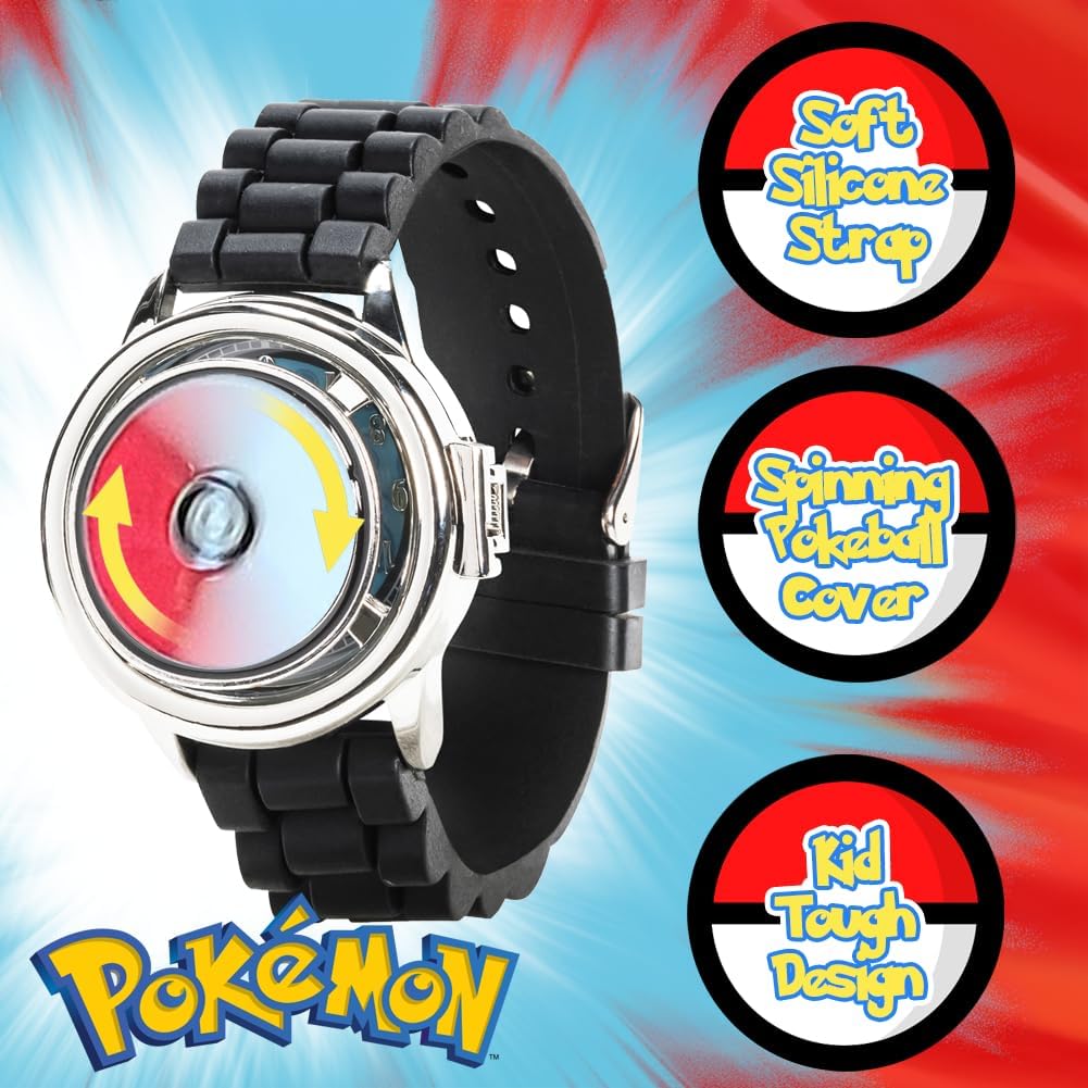 Pokémon Spinner Top Analog Watch for Kids – Features Iconic Poké Ball Spinner, Silver Metal Case, Comfortable Silicone Strap, and Pikachu Dial Art, Perfect for Pokémon Fans and Collectors image 2 of 10 B076ZHVCJN