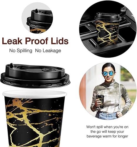 Miniatura 5 de Hommtina Tazas de café desechables con tapa con diseño de mármol dorado, juego de 74, taza de café de papel caliente de 16 onzas con tapas, para