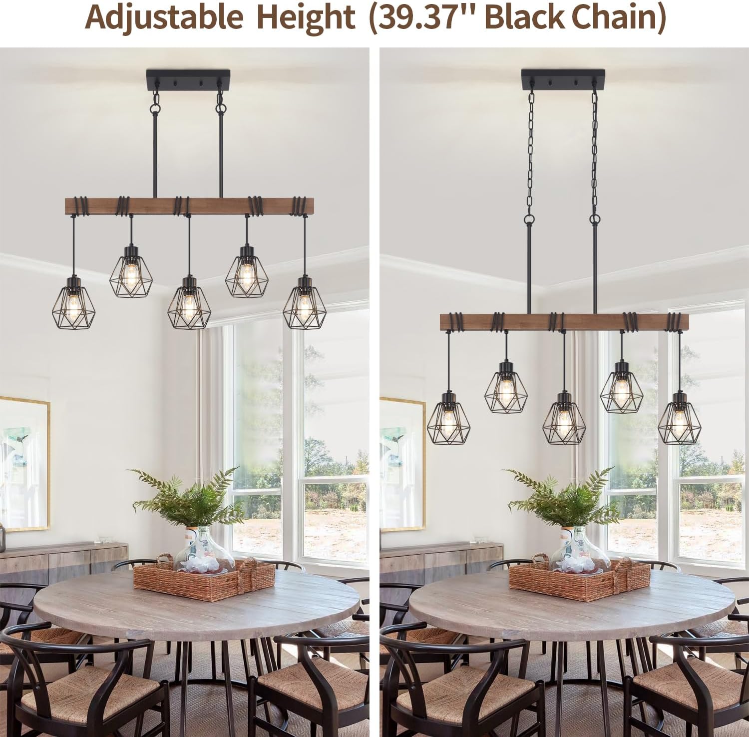 5-Light Kitchen Island Lighting, Farmhouse Linear Chandelier Dining Room Light Fixture Over Table, Wood Ceiling Pendant Light Fixtures with Metal lampshade