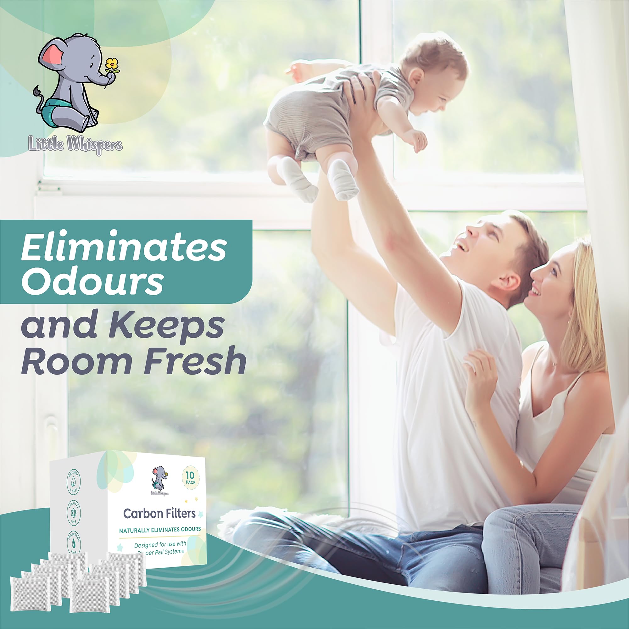 LittleWhispers - Desodorizador de cubo de pañales con filtro de carbono, compatible con sistemas Diaper Genie, paquete de 10