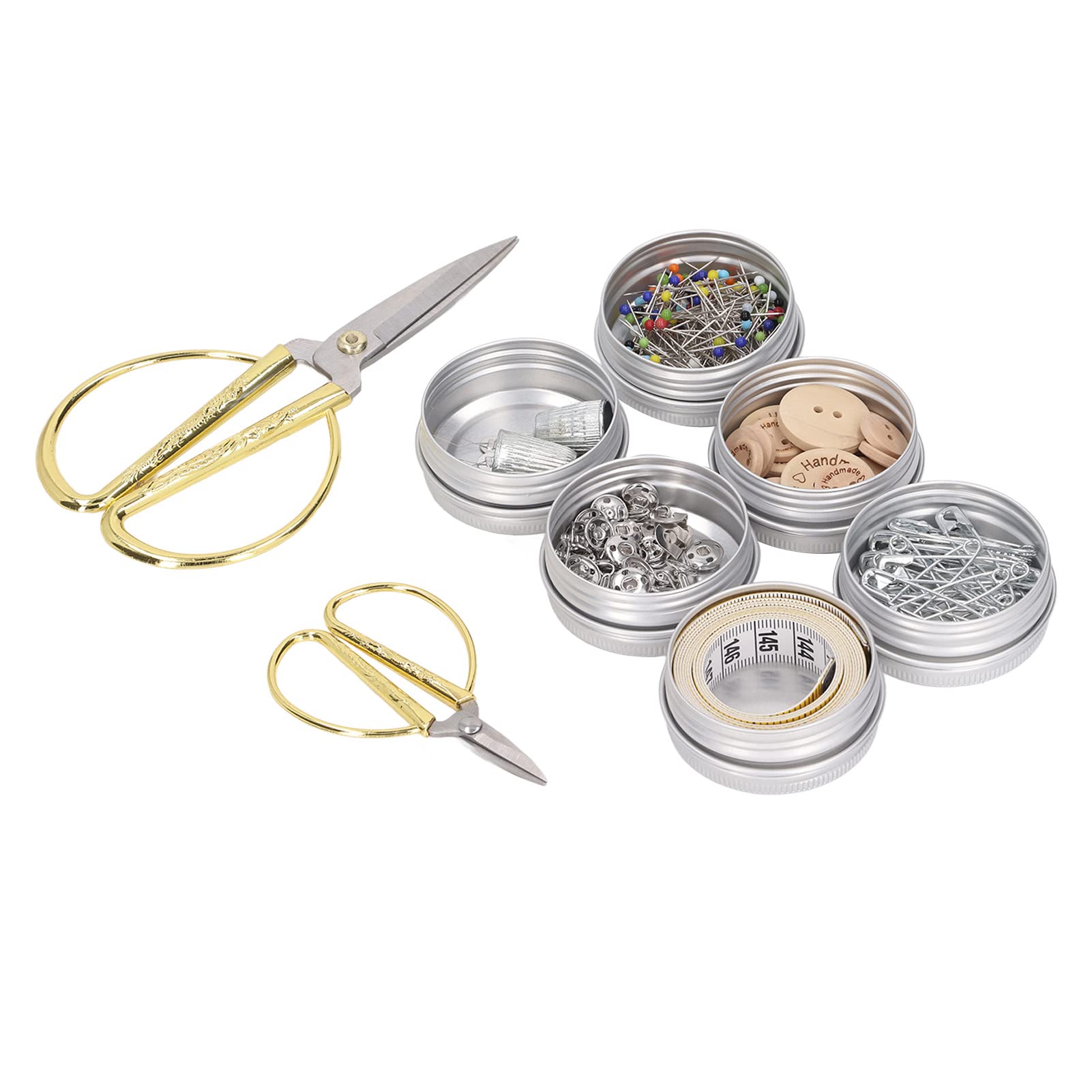 Caja de costura de madera con kit de costura completo, suministros de costura premium, almacenamiento de doble capa para botones, alfileres, hebillas, incluye tijeras, dedal,