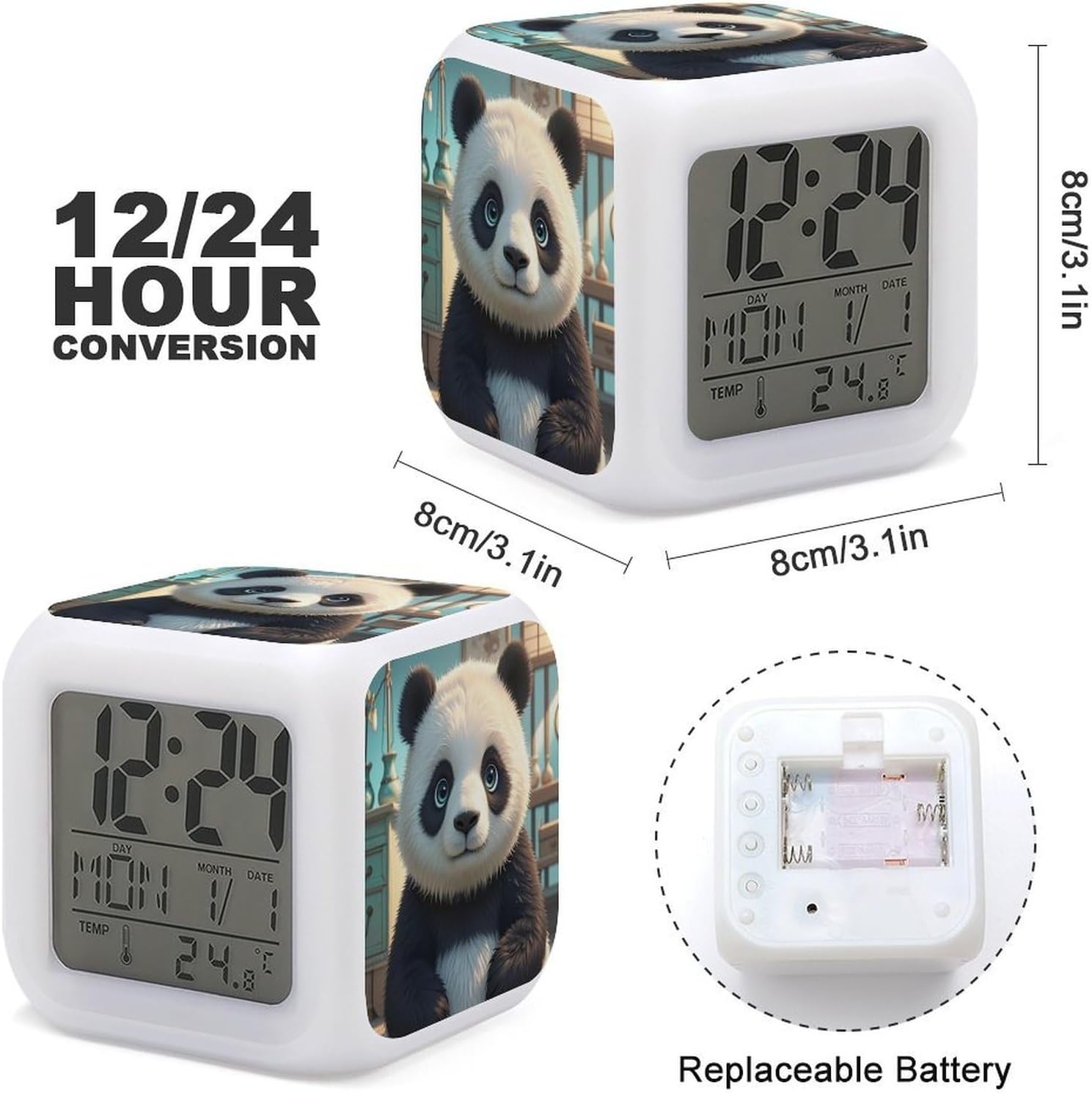 Anime Panda FaceAlarm Clock LED Digital Clock Battery Operated Desk Clocks Modern Design Nightlight Daylight 7 Colors for Bedrooms Living Room Kitchen image 2