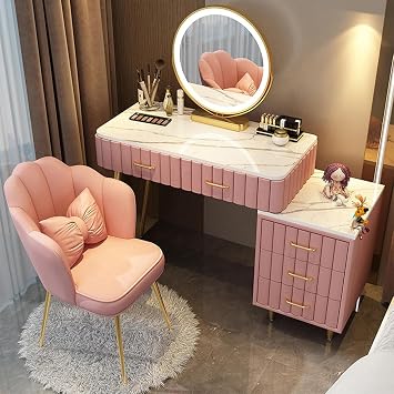 Dressing Table with 45cm Round Mirror, 3 Lighting Modes Velvet Chair and 5 Drawers Storage, Multifunctional Pink Vanity Makeup Table for Bedroom