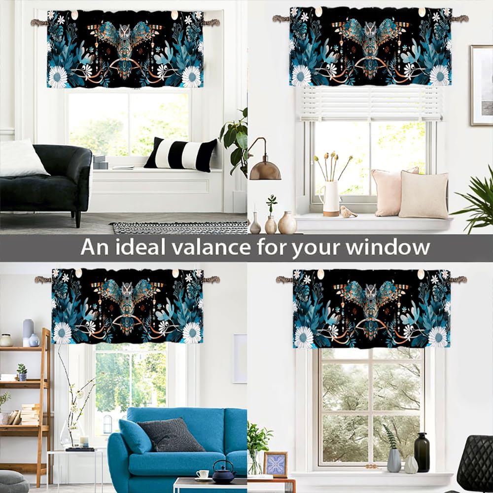1 Panel Bohemian Flower Curtain Valance for Windows, Vintage Owl Bird Fantasy Rod Pocket Short Window Treatment Decor Drapes for Kitchen, Bathroom, 54" X 18"
