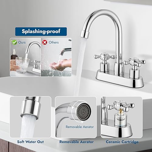 Miniatura 5 de Cinwiny Grifo de baño central de 4 pulgadas, grifo de tocador de doble mango cruzado, boquilla giratoria de 360, grifo mezclador montado en la