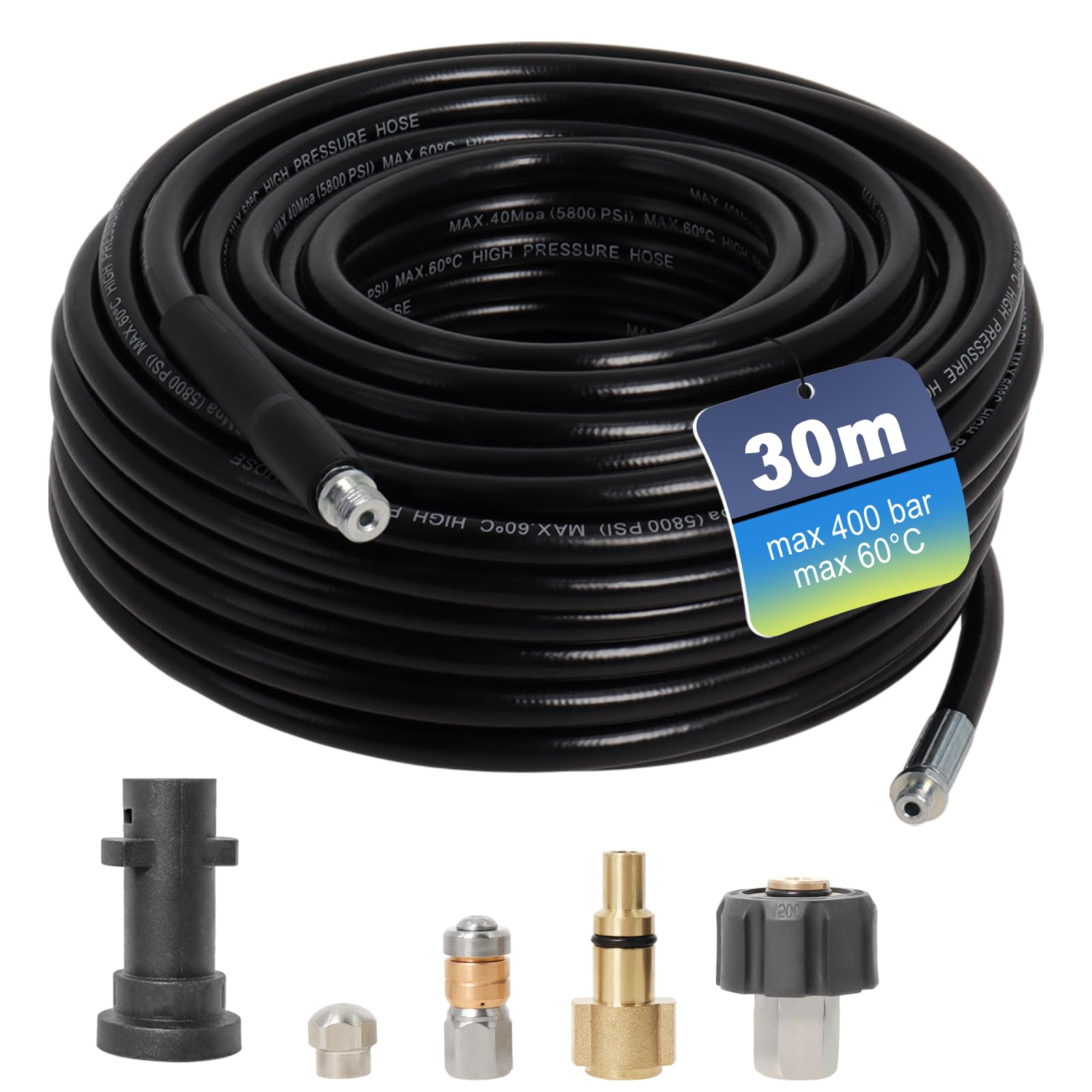 Gekufa Tuyau Nettoyeur Haute Pression 30m 400 bar, Compatible avec Furet Karcher K2 K3 K4 K5 K6 K7, Parkside, Lavor, Bosch, Avec 2 Buses et 3 Adaptateurs,Déboucheur Canalisation.
