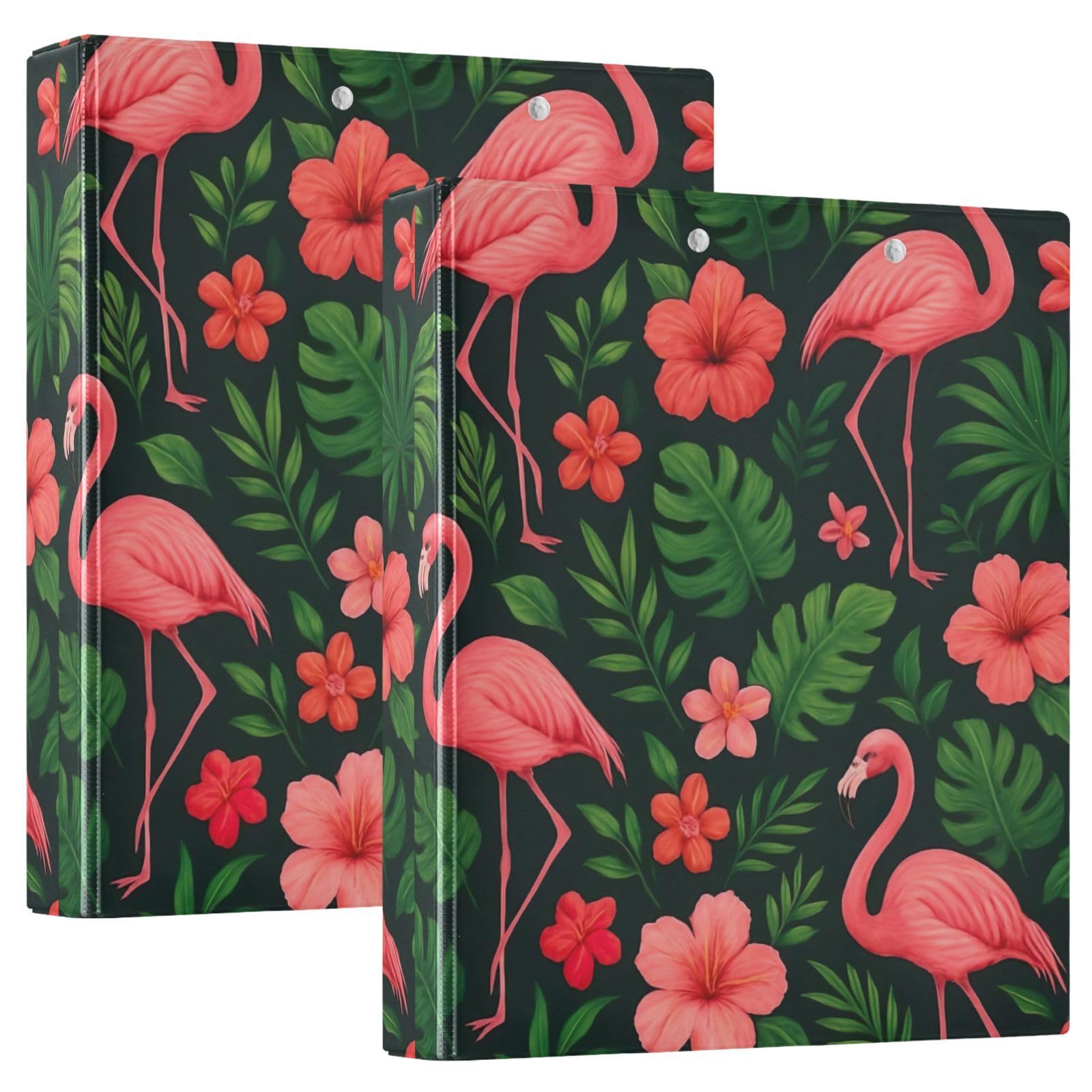 Raccoglitore a 3 anelli, motivo fenicotteri rosa con foglie tropicali scure, confezione da 2