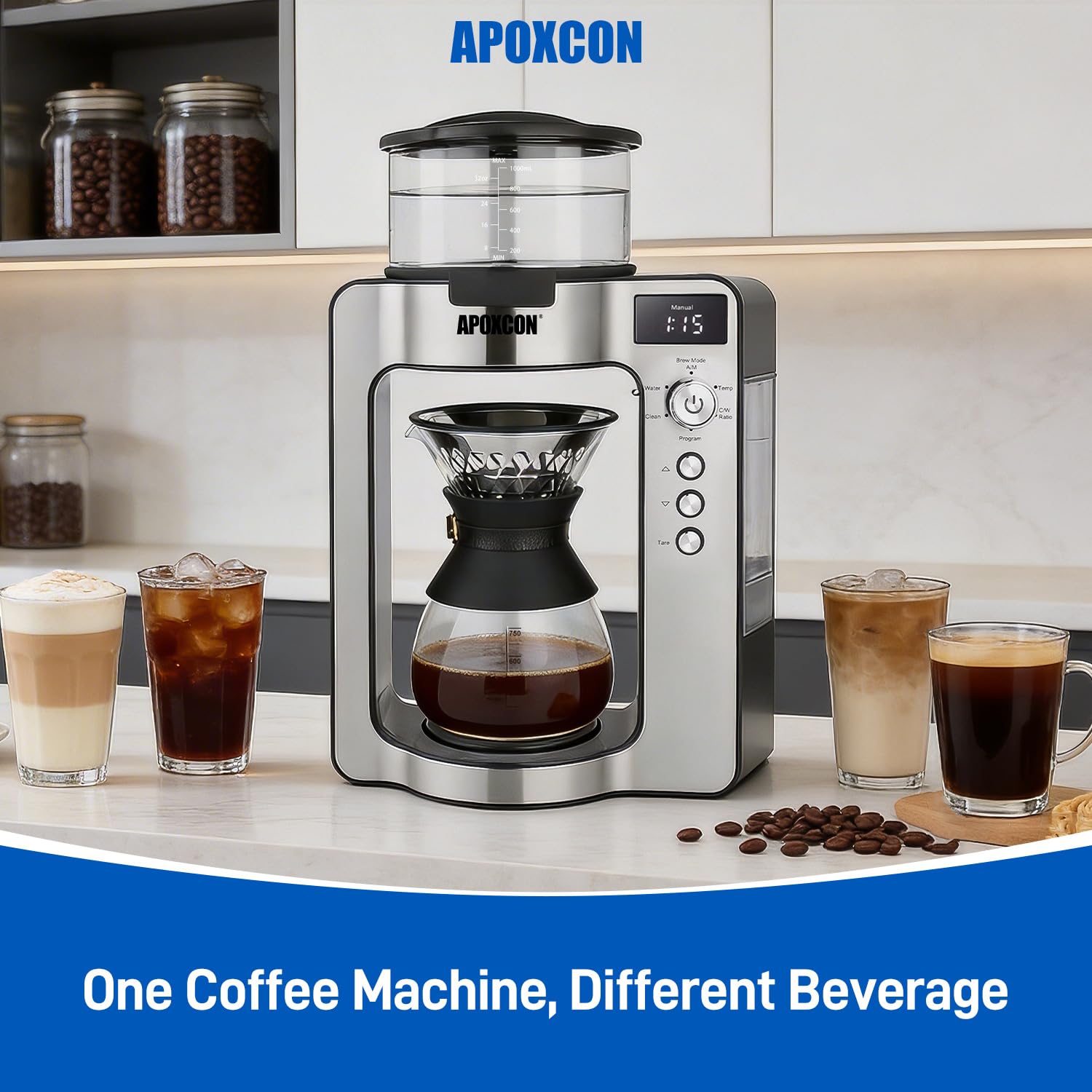 APOXCON Automatic Drip Coffee Maker for Coffee Enthusiasts -Pour Over Coffee Brewer with Programmable Timer, Hand Drip Simulation, Adjustable Strength, Built-in Scale, Glass Water Tank & Carafe