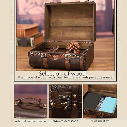 Miniatura 5 de LIZEALUCKY Cofre del tesoro de madera con asa, caja de madera pequeña Loking antigua, baúl de almacenamiento decorativo, maleta antigua portátil de