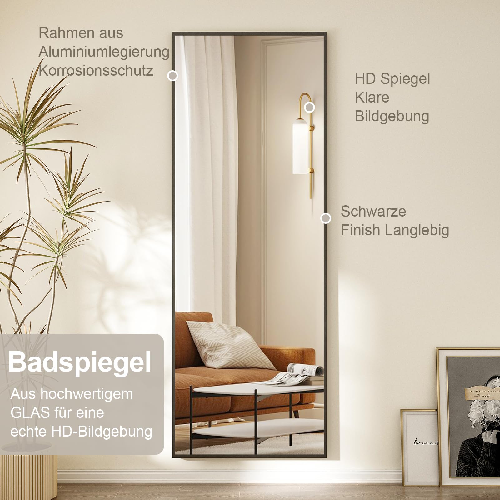 160 x 40 cm minimalistische Rahmen Standspiegel Ganzkörperspiegel, Schwarz Metallrahmen Rechteck Wandspiegel Stehspiegel Standspiegel für Schlafzimmer, Wohnzimmer, Flur und Garderobe