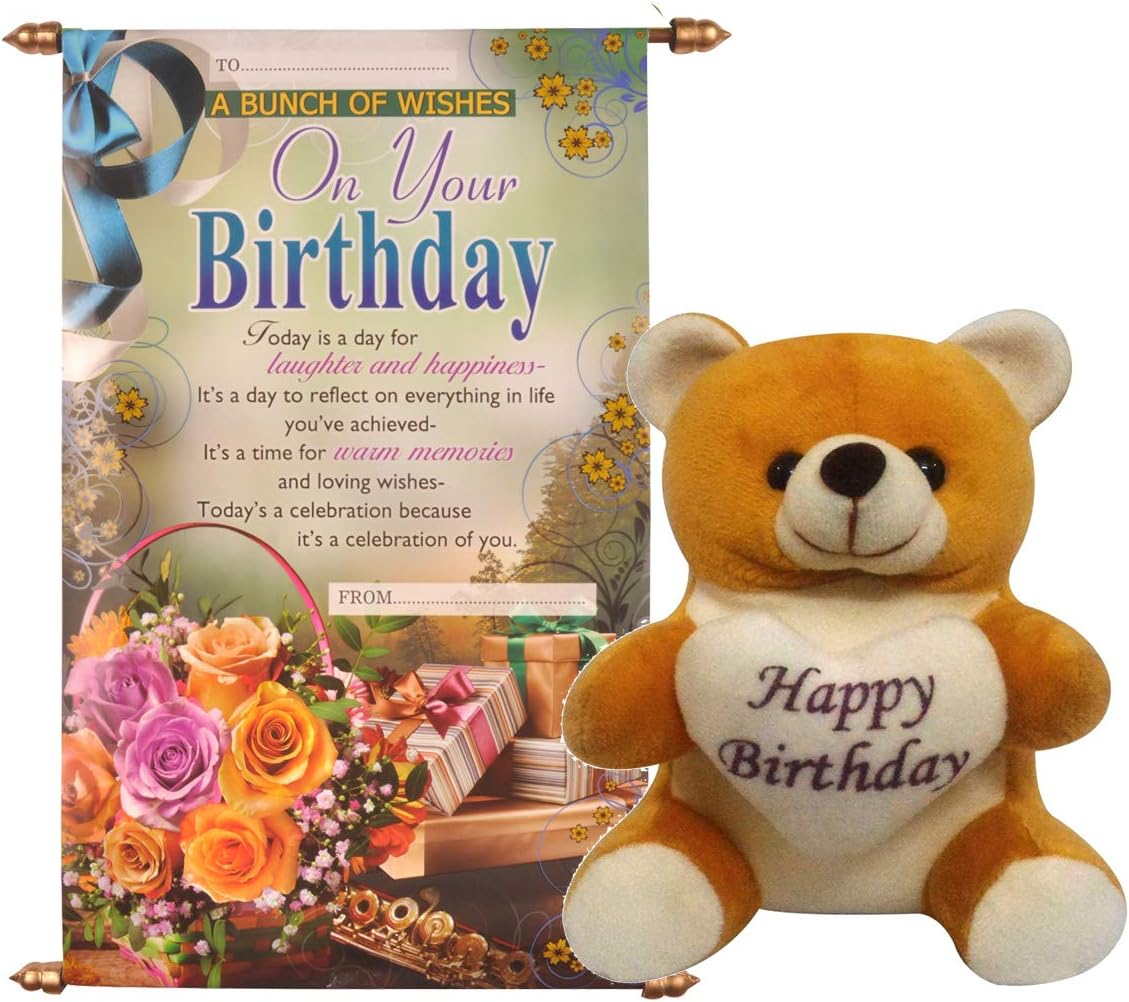 Saugat Traders Birthday Gift Combo - Birthday Scroll Card & Small Soft Teddy - Gift for Wife-Girlfriend-Friend-Girls