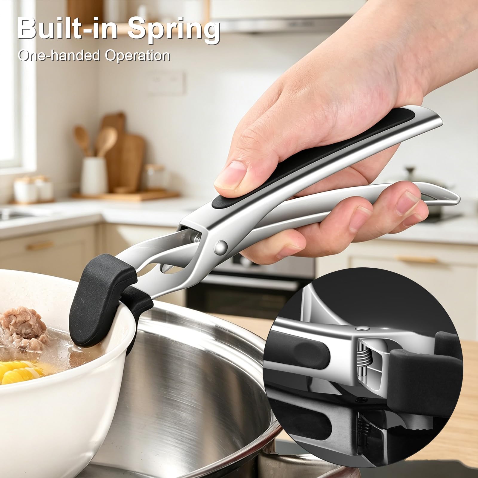 Pinza da Cucina in Acciaio Inox, Pinza Anti-Scaldature con Testa Larga in Silicone a Texture Ondulata, per Togliere Ciotole e Piatti Caldi dal Forno e Friggitrice ad Aria