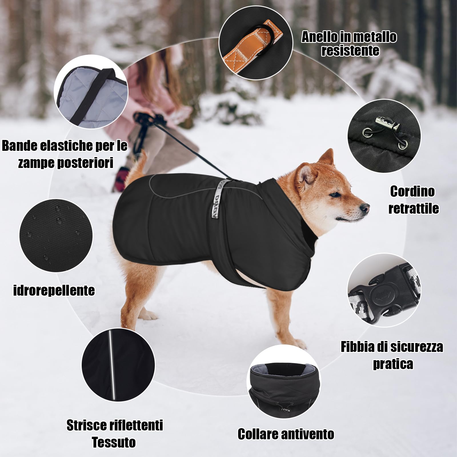 FEimaX Cappotto per Cani Antivento Caldo Giacca Invernale Cane Cappottino Riflettente per Cani di Taglia Media e Grande Abbigliamento Gilet Calda Regolabile Vestiti con Anello a D (6XL, Nero)