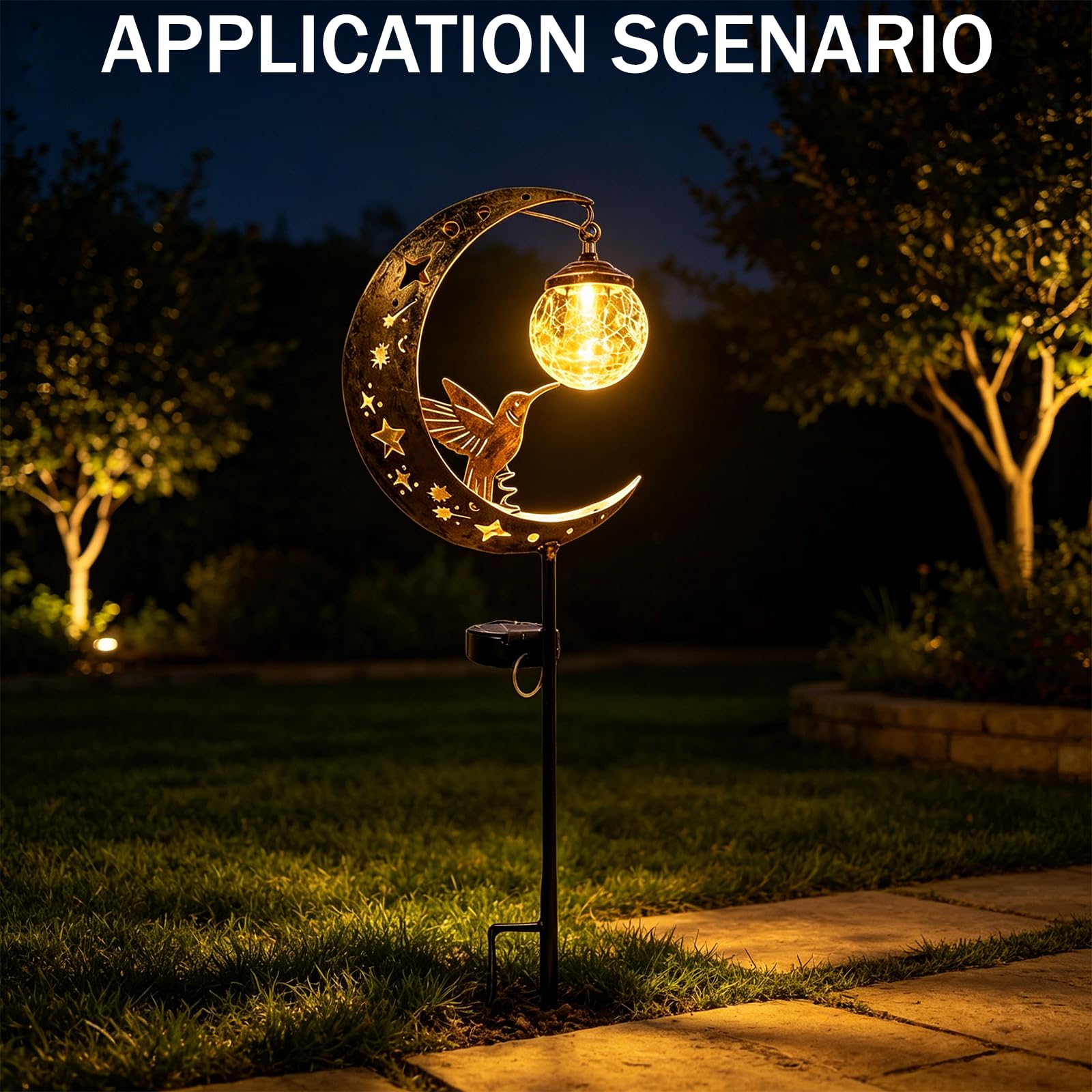 Solarlampen für Außen, Gartendeko für Draußen, Wetterfest Mond Solar Lichter mit Kolibri und Glaskugel, Schäferhaken für Braußen Gehwege Hof Terrasse Garten deko (3 Stück)