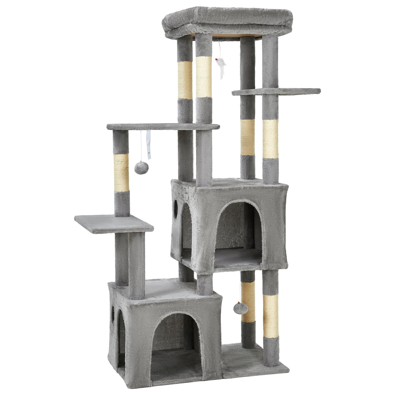Árbol rascador de 156 cm, torre de escalada de varios pisos con 2 grandes cuevas para gatos, gran espacio de descanso superior, bolas de peluche extraíbles y kit antipuntas, área de actividad estable