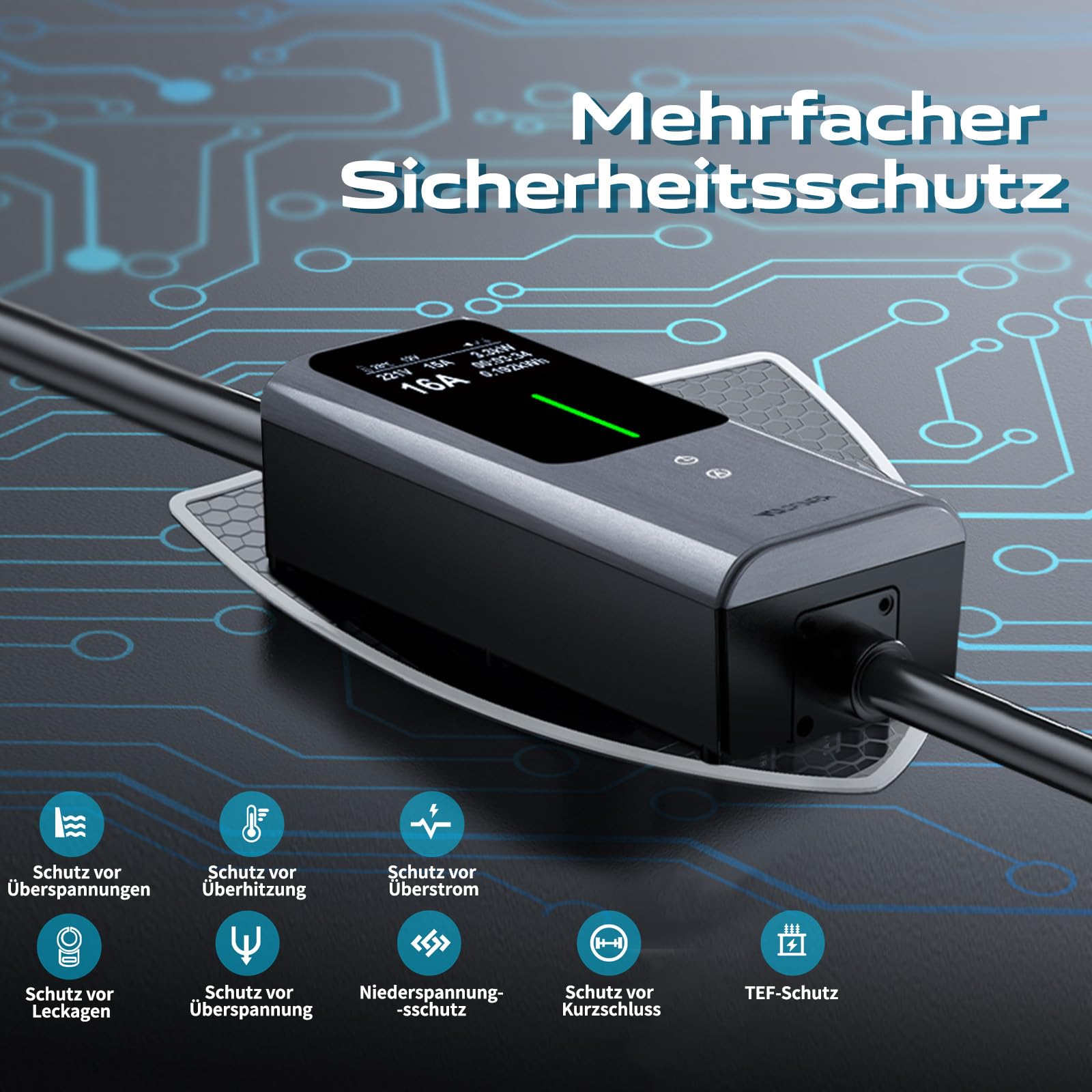Typ 2 Ladekabel Schuko 3,68kW | 6-16A | 5M, 1-phasig EV Ladegerät Typ 2 Schuko mit Steuerbarer Digitalanzeige, E Auto Ladekabel Schuko IP65 für Elektroautos IEC 62196-2 PHEV/EV VDLPOWEREU