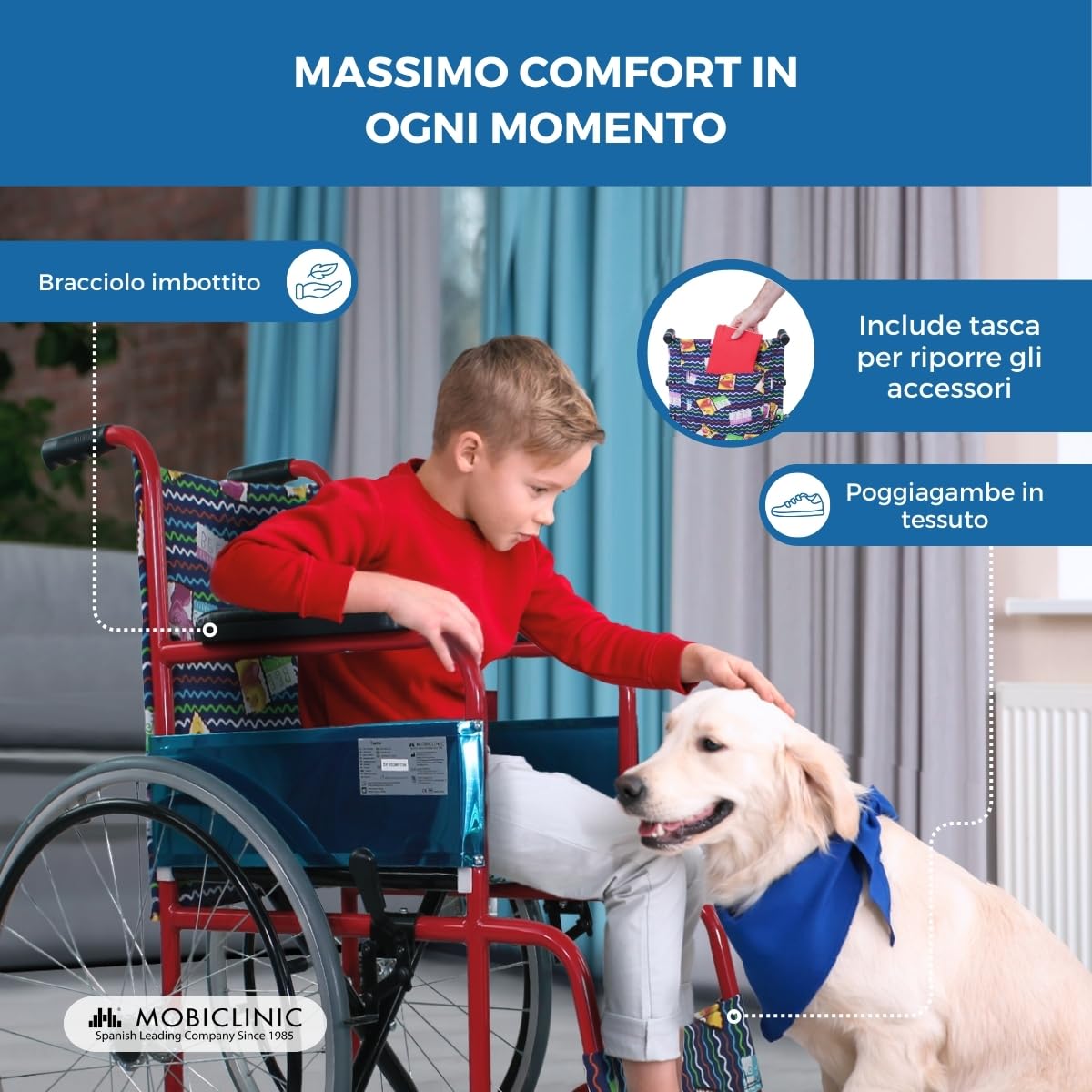 Mobiclinic, Carrozzina per bambini, Teatro, Etichetta europea, Pieghevole, Marchio ce, Accessibile ai disabili, Freno sulle maniglie, Poggiapiedi e braccioli fissi, Rivestimento rosso con stampe