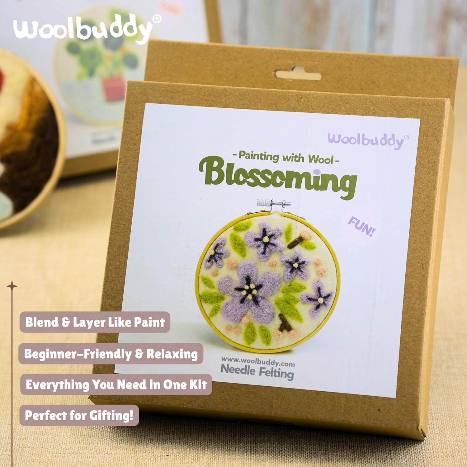 Woolbuddy Needle Felting Hoop Kit (Blossoming), Wool Felt Painting Kit with Wool, Foam Pad, Felt Pattern, Hoop, Needles & Instructions, DIY Embroidery Craft for Adults & Beginners